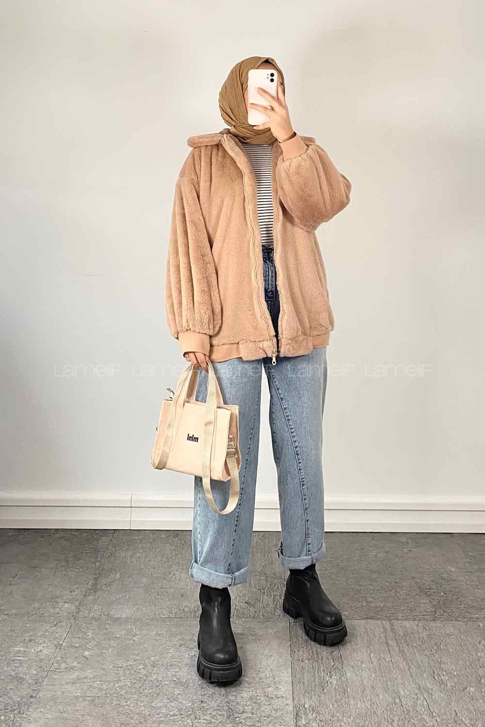 Lamelif Fermuarlı Teddy Mont Vizonrengi