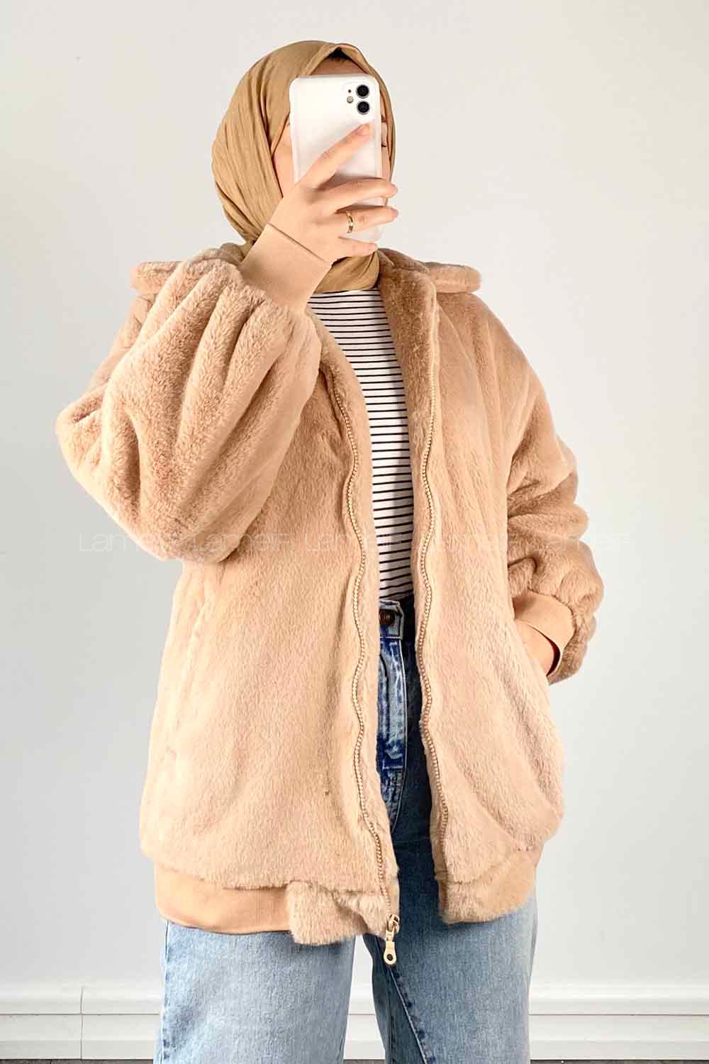 Lamelif Fermuarlı Teddy Mont Vizonrengi