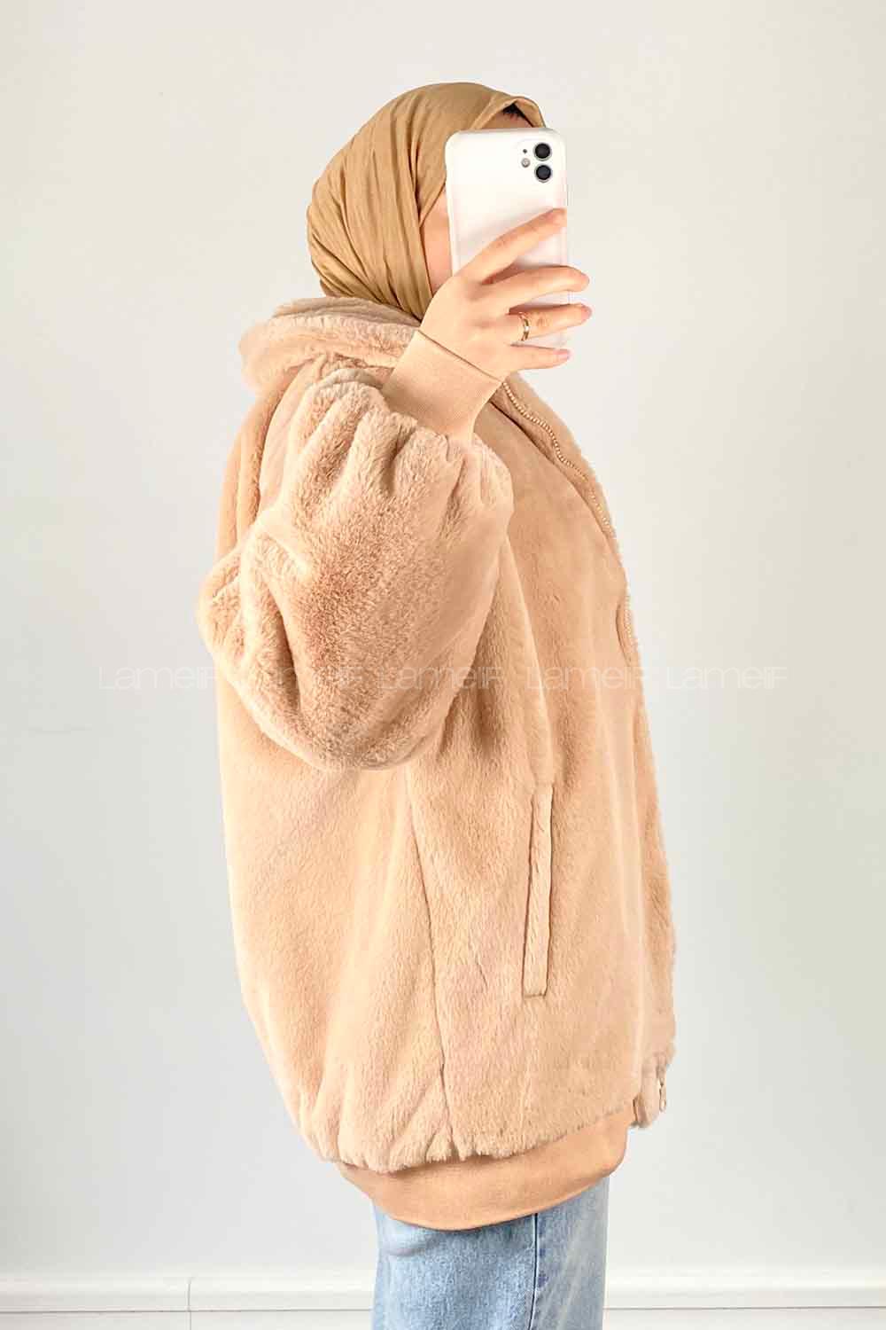 Lamelif Fermuarlı Teddy Mont Vizonrengi