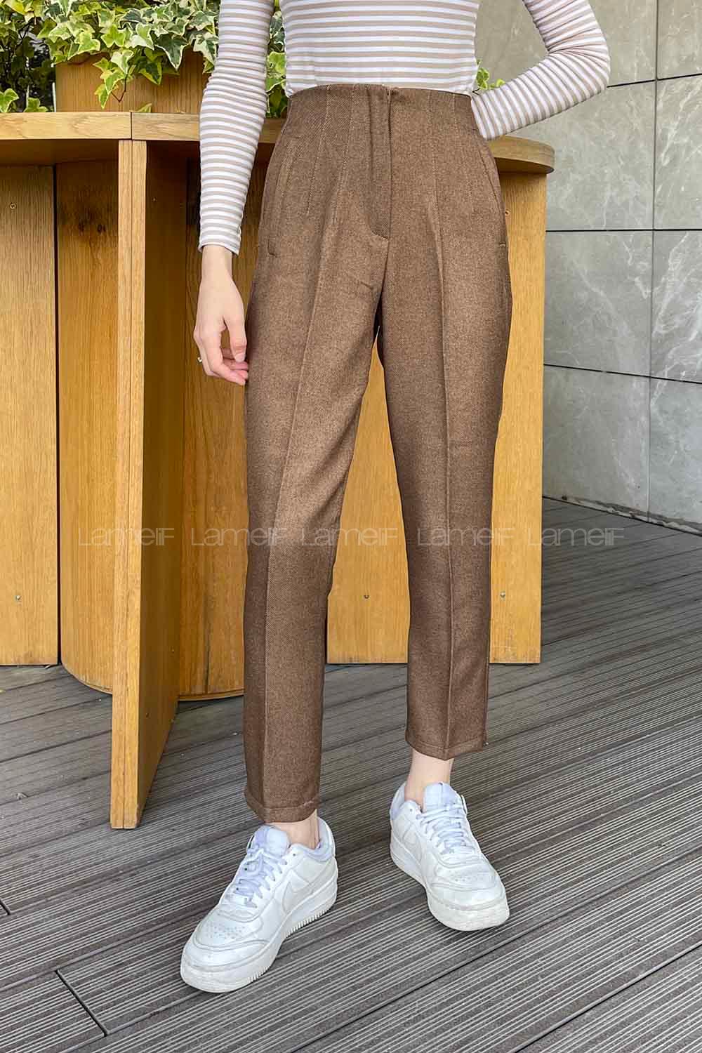 Soft Brown Cotton Fabric High Waist Comfortable Pants