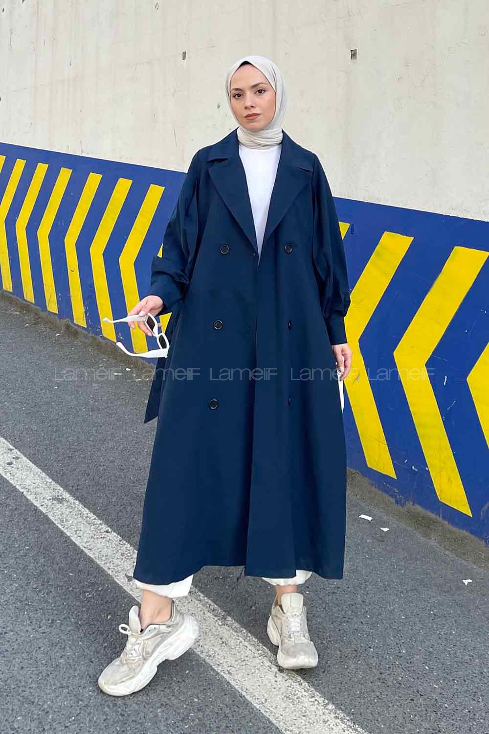 Navy Blue Balloon Sleeve Arm Belted Parachute Fabric Trench Coat
