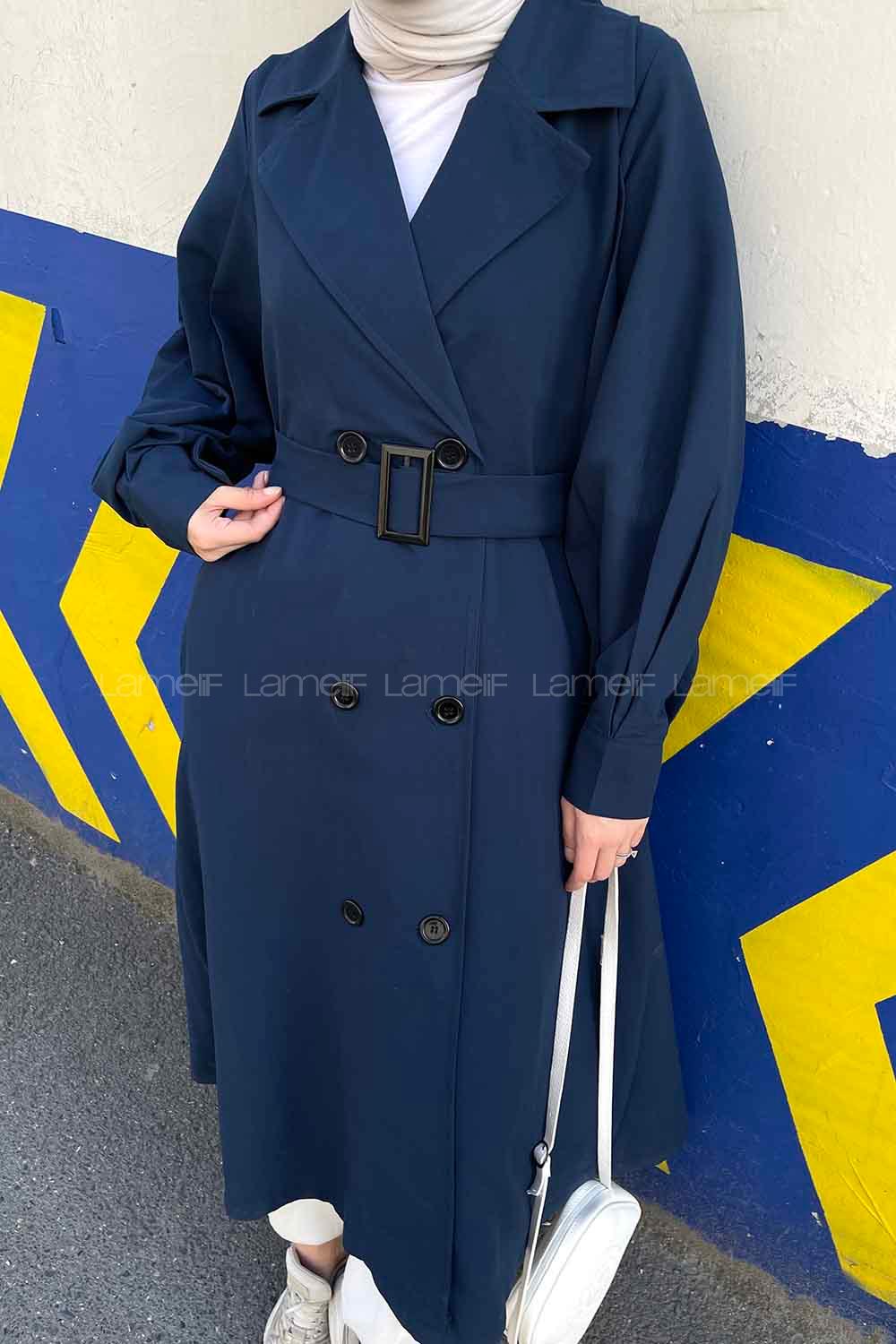 Navy Blue Balloon Sleeve Arm Belted Parachute Fabric Trench Coat