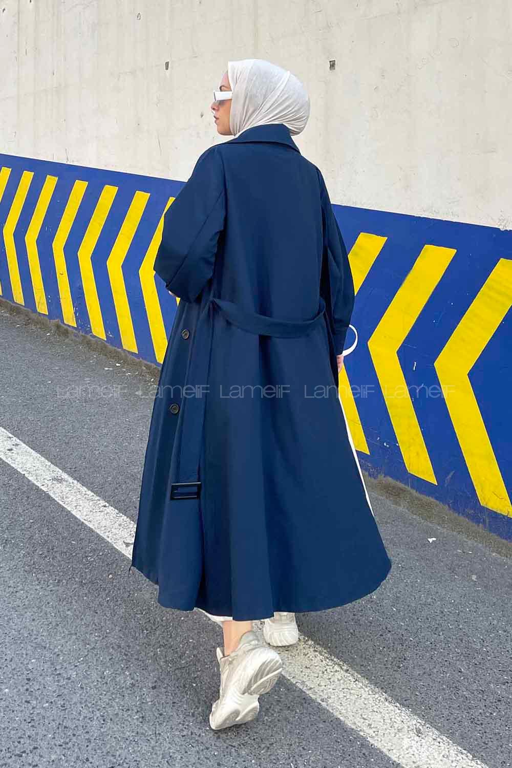 Navy Blue Balloon Sleeve Arm Belted Parachute Fabric Trench Coat