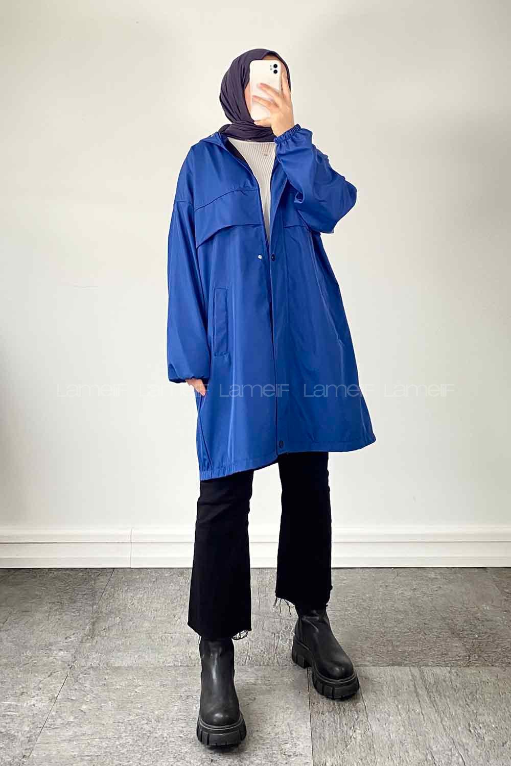 Indigo Hood Neck Long Arm Raincoat