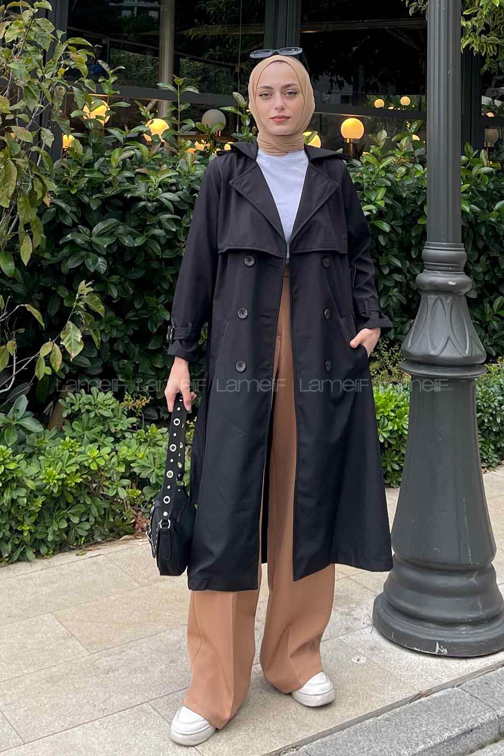 Lamelif Dina Önü Düğmeli Trençkot Siyah