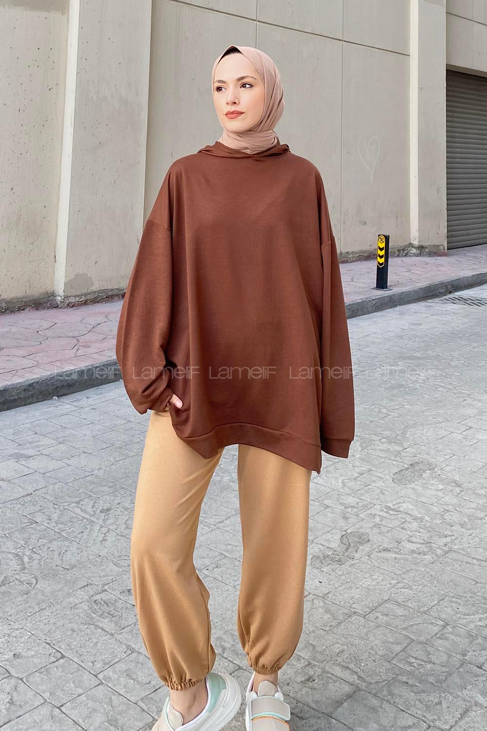 Lamelif Etek Ve Kol Ucu Manşetli Kapüşonlu Sweatshirt Acı Kahve