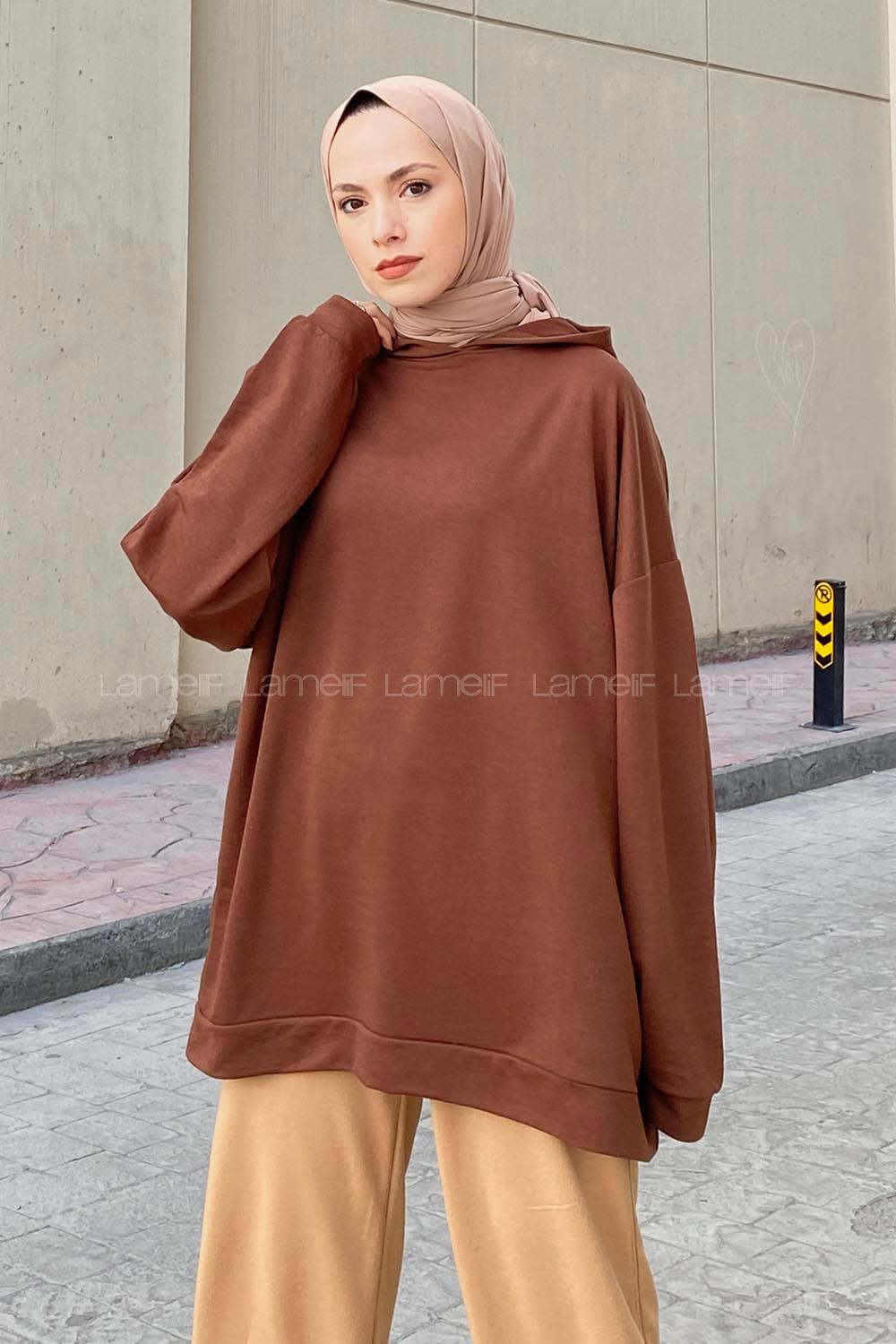 Lamelif Etek Ve Kol Ucu Manşetli Kapüşonlu Sweatshirt Acı Kahve