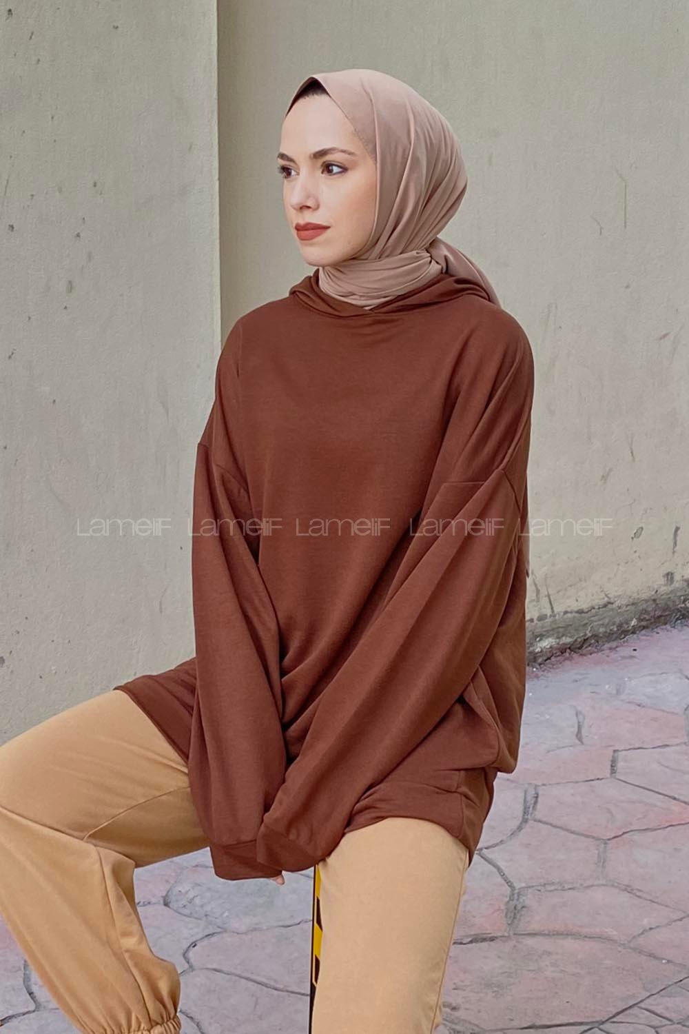 Lamelif Etek Ve Kol Ucu Manşetli Kapüşonlu Sweatshirt Acı Kahve