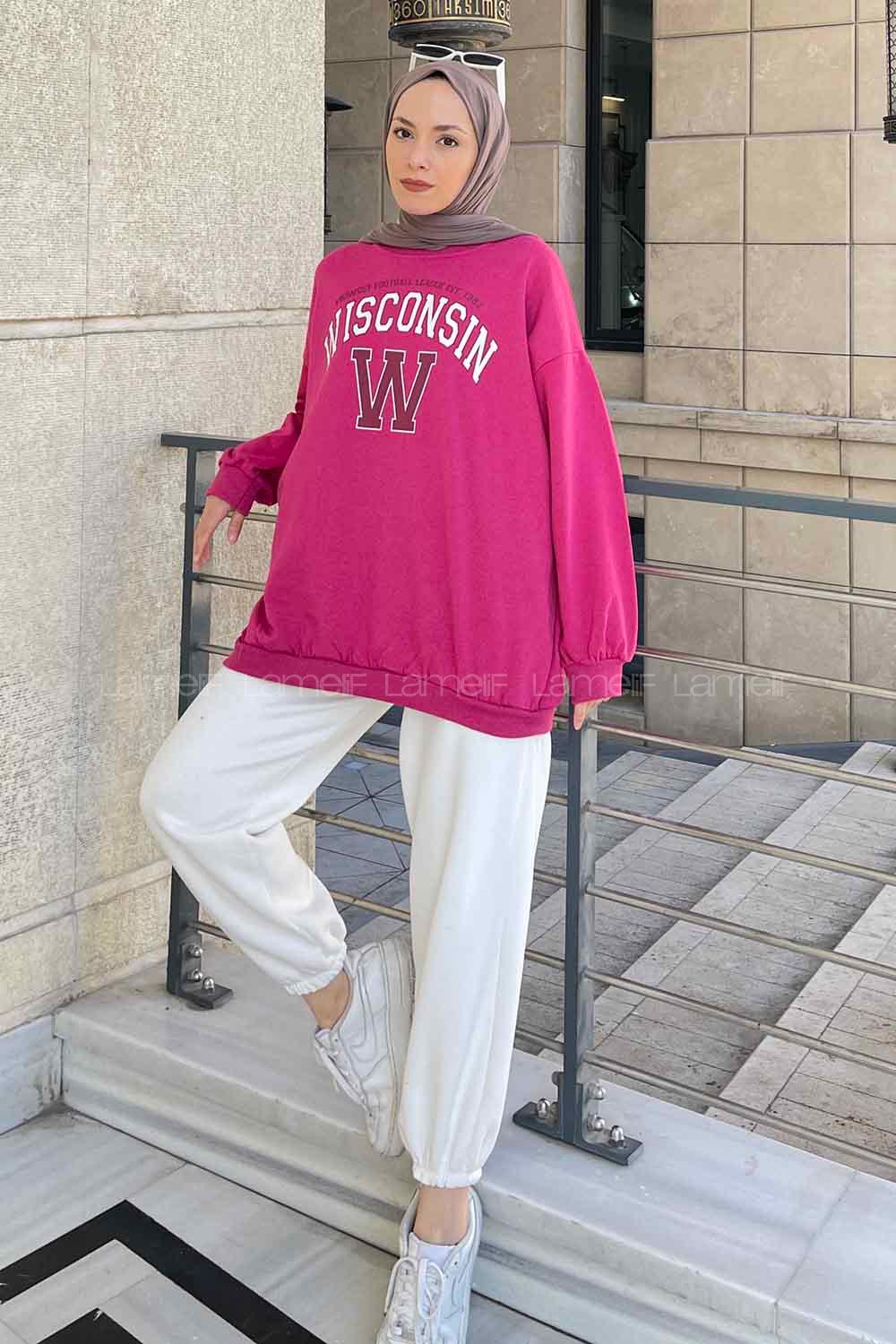 Fuchsia Crew Neck Long Arm Printed Sweatshirt
