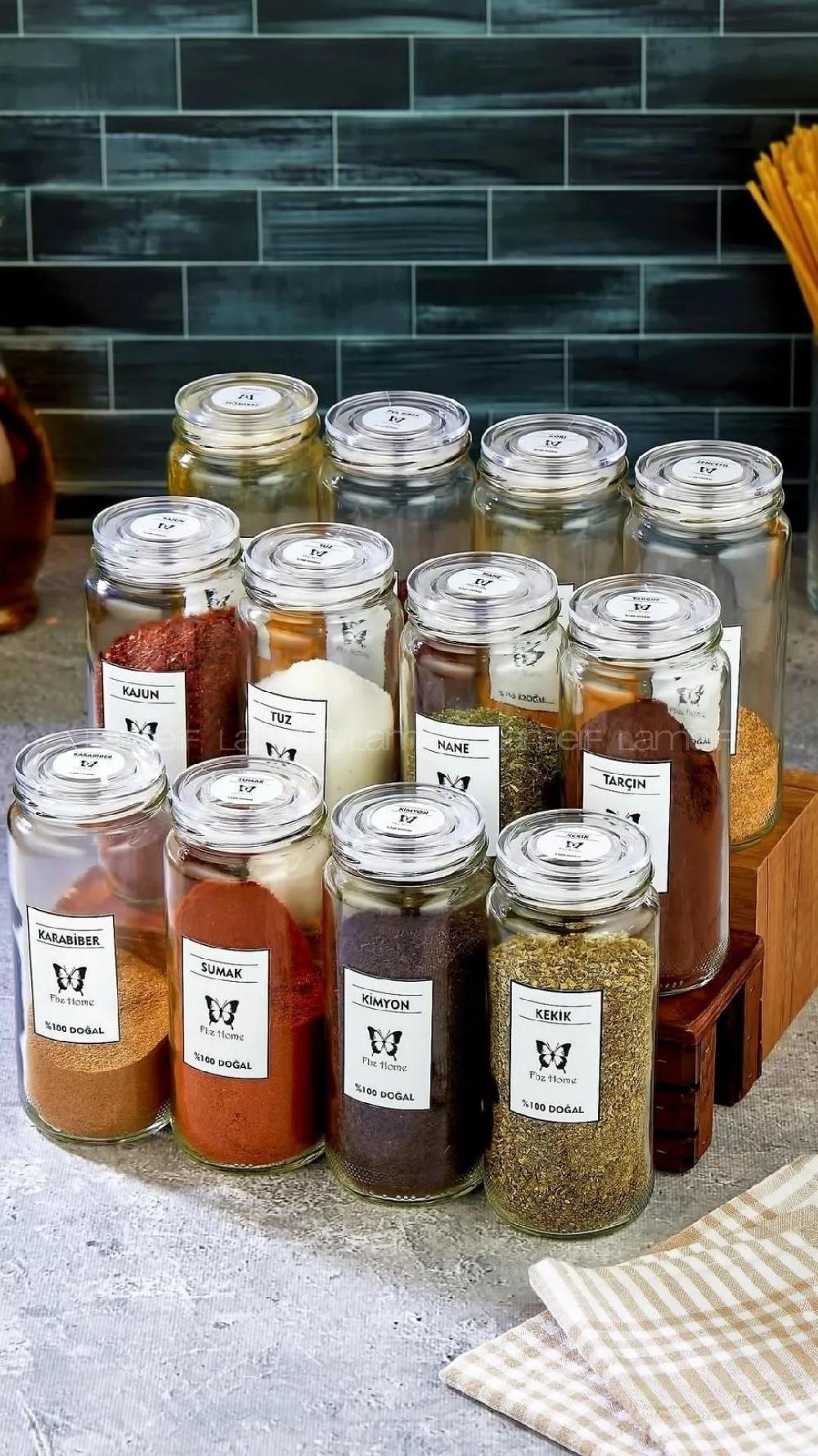 Lamelif 12 Adet Büyük Boy Cam Kavanoz Seti Baharatlık
