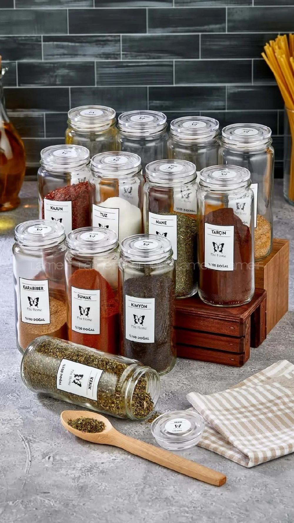 Lamelif 12 Adet Büyük Boy Cam Kavanoz Seti Baharatlık
