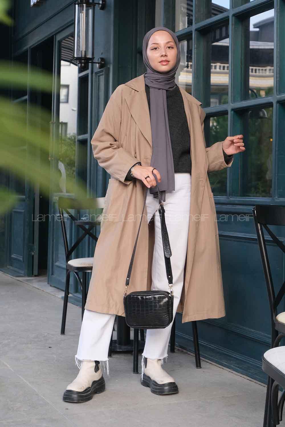 Lamelif Cuerpo Çizgi Detaylı Trençkot Soft Kahve