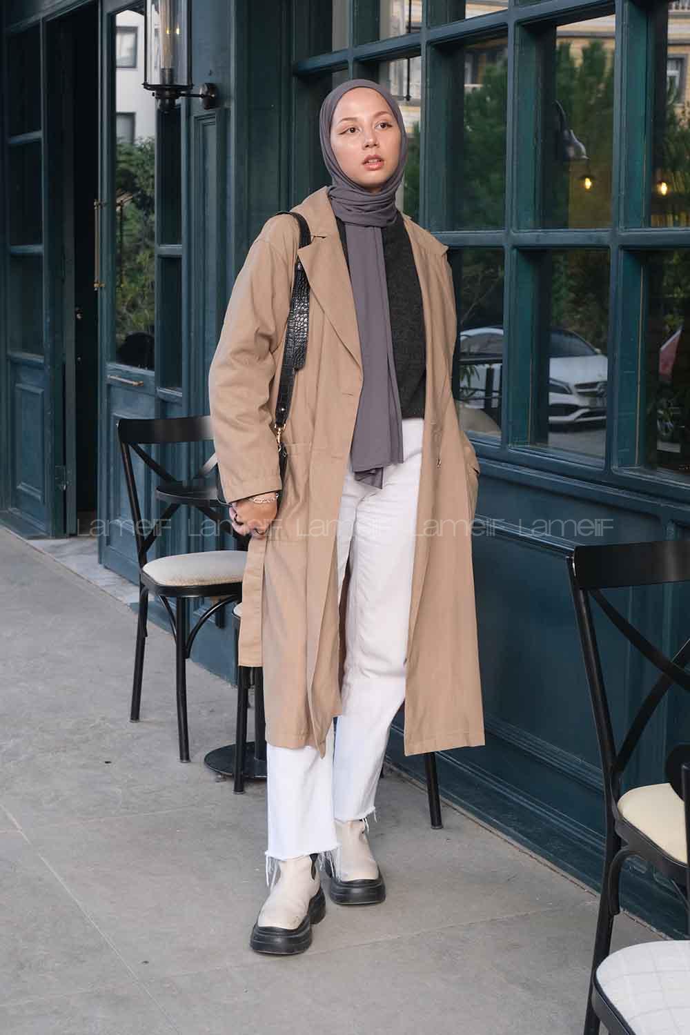 Lamelif Cuerpo Çizgi Detaylı Trençkot Soft Kahve