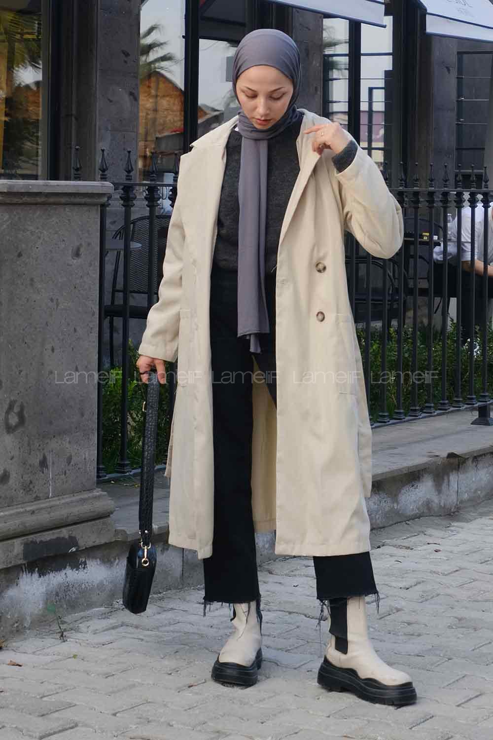 Lamelif Cuerpo Çizgi Detaylı Trençkot Taş Rengi