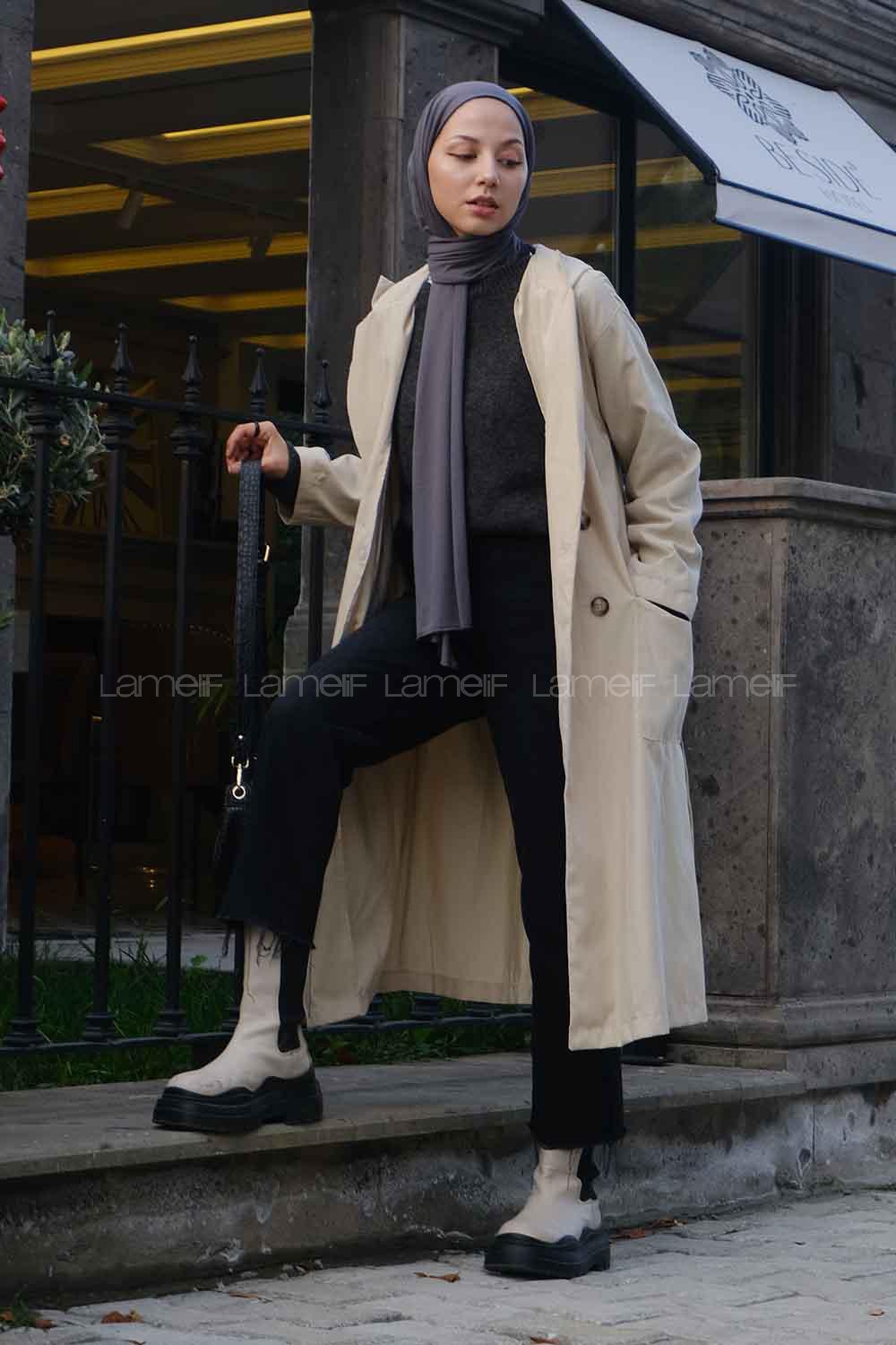 Lamelif Cuerpo Çizgi Detaylı Trençkot Taş Rengi