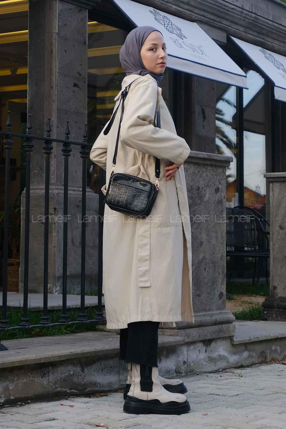 Lamelif Cuerpo Çizgi Detaylı Trençkot Taş Rengi