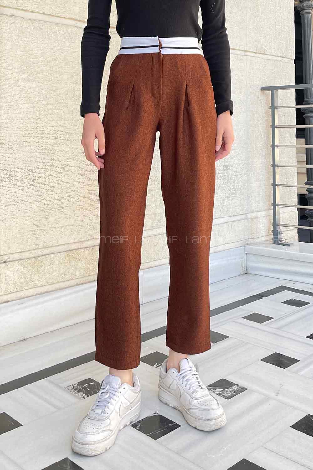 Bitter Brown Wool High Waist Linen Pants