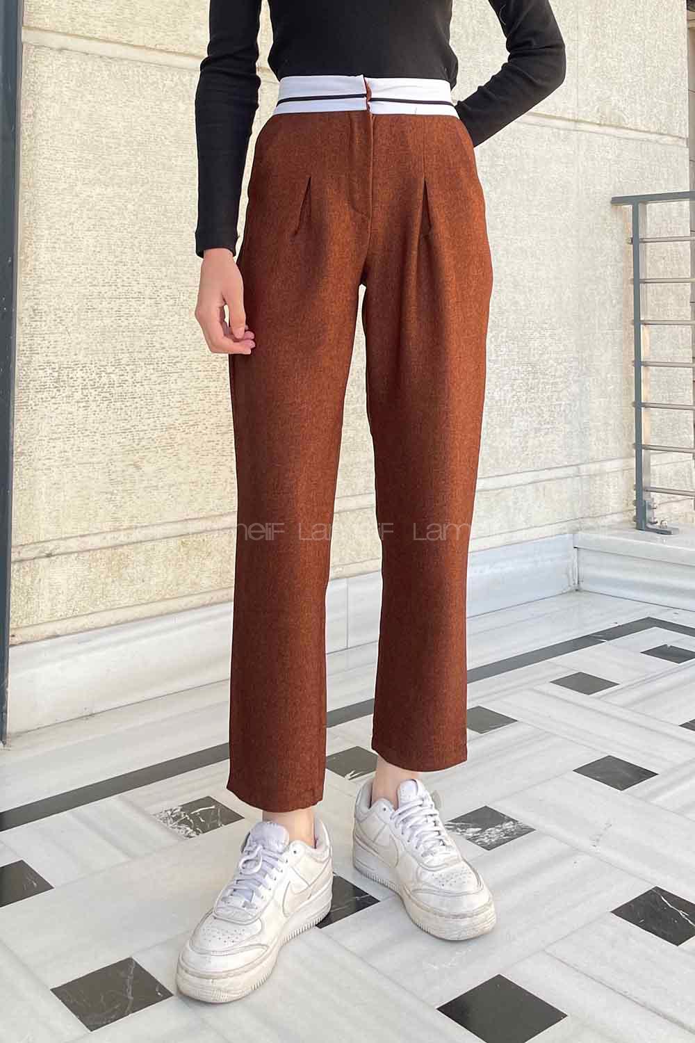 Bitter Brown Wool High Waist Linen Pants