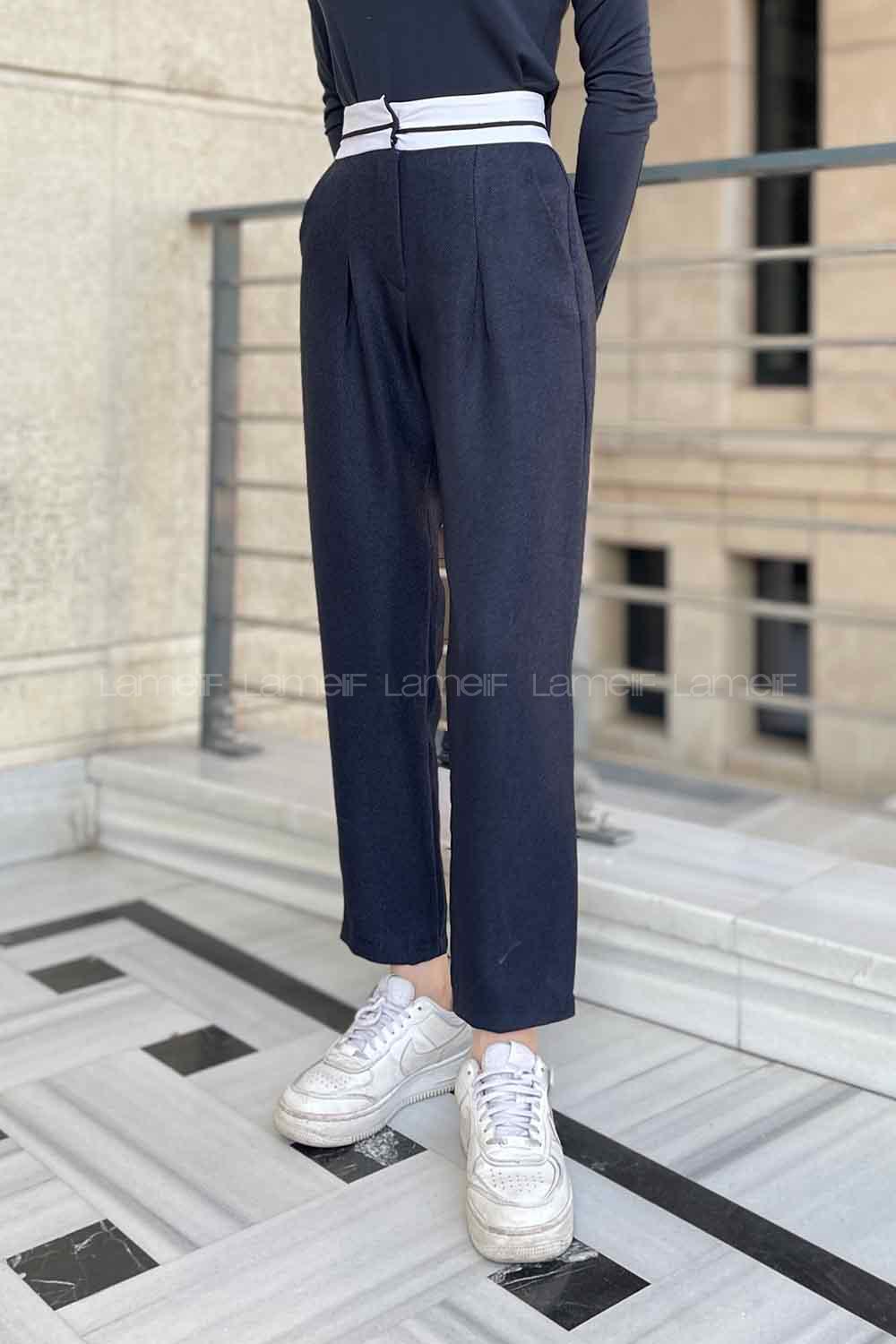 Navy Blue Wool High Waist Linen Pants