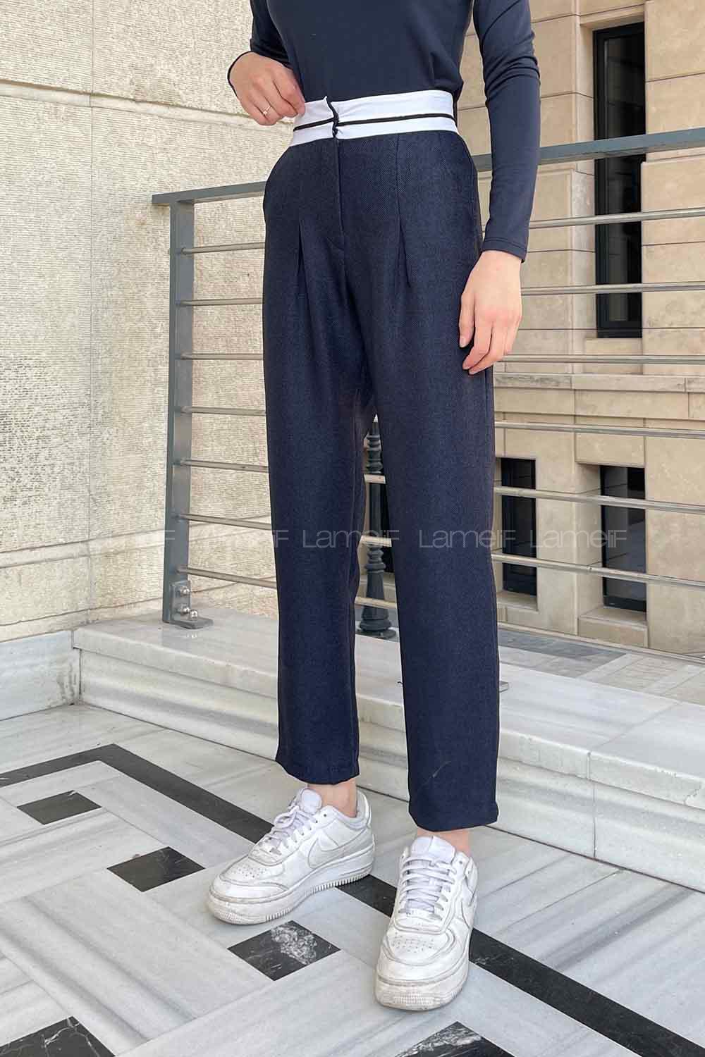 Navy Blue Wool High Waist Linen Pants