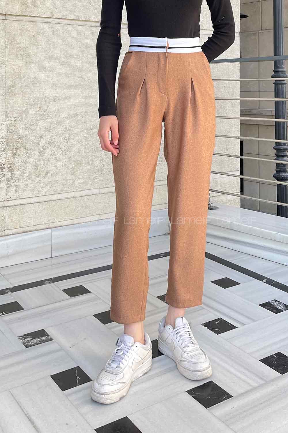 Lamelif Garnili Bel Detaylı Palazzo Keten Pantolon Sütlü Kahve