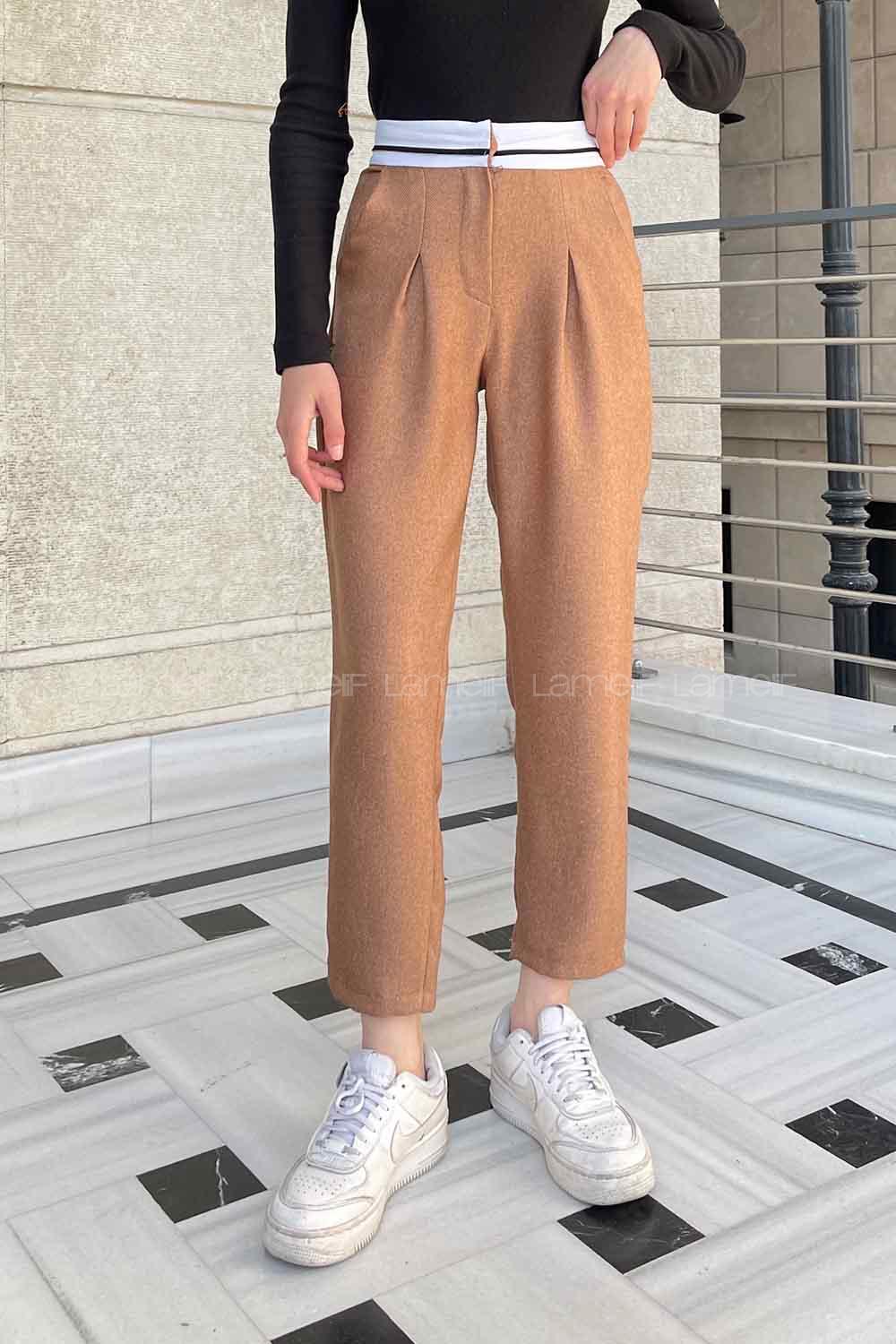 Lamelif Garnili Bel Detaylı Palazzo Keten Pantolon Sütlü Kahve