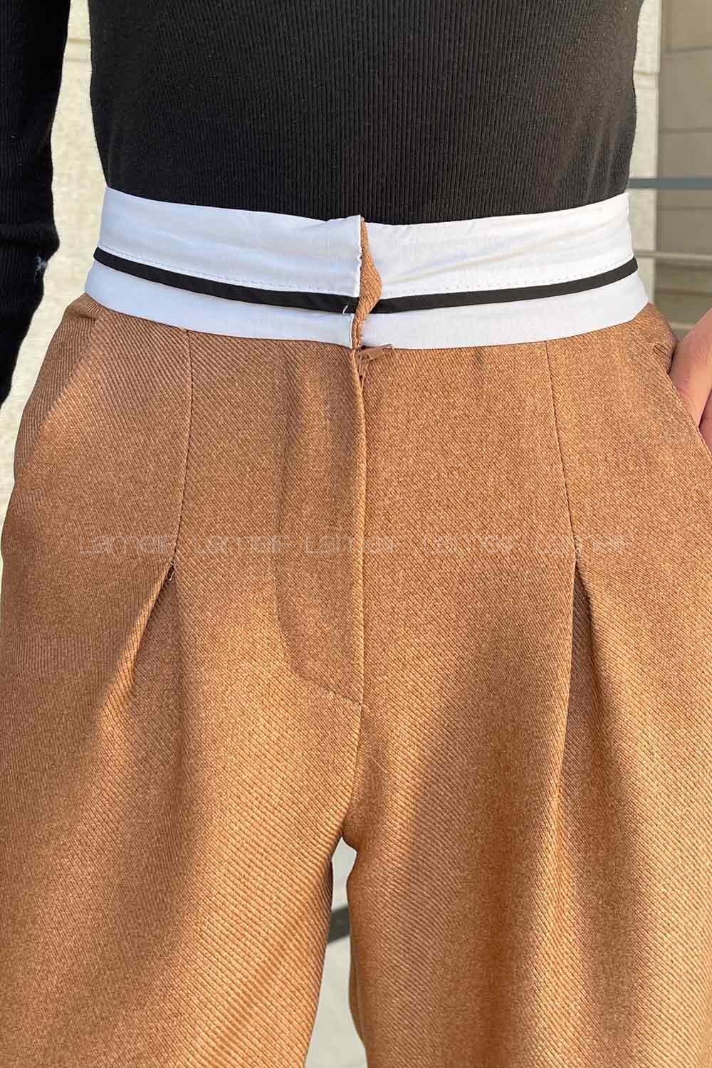 Lamelif Garnili Bel Detaylı Palazzo Keten Pantolon Sütlü Kahve