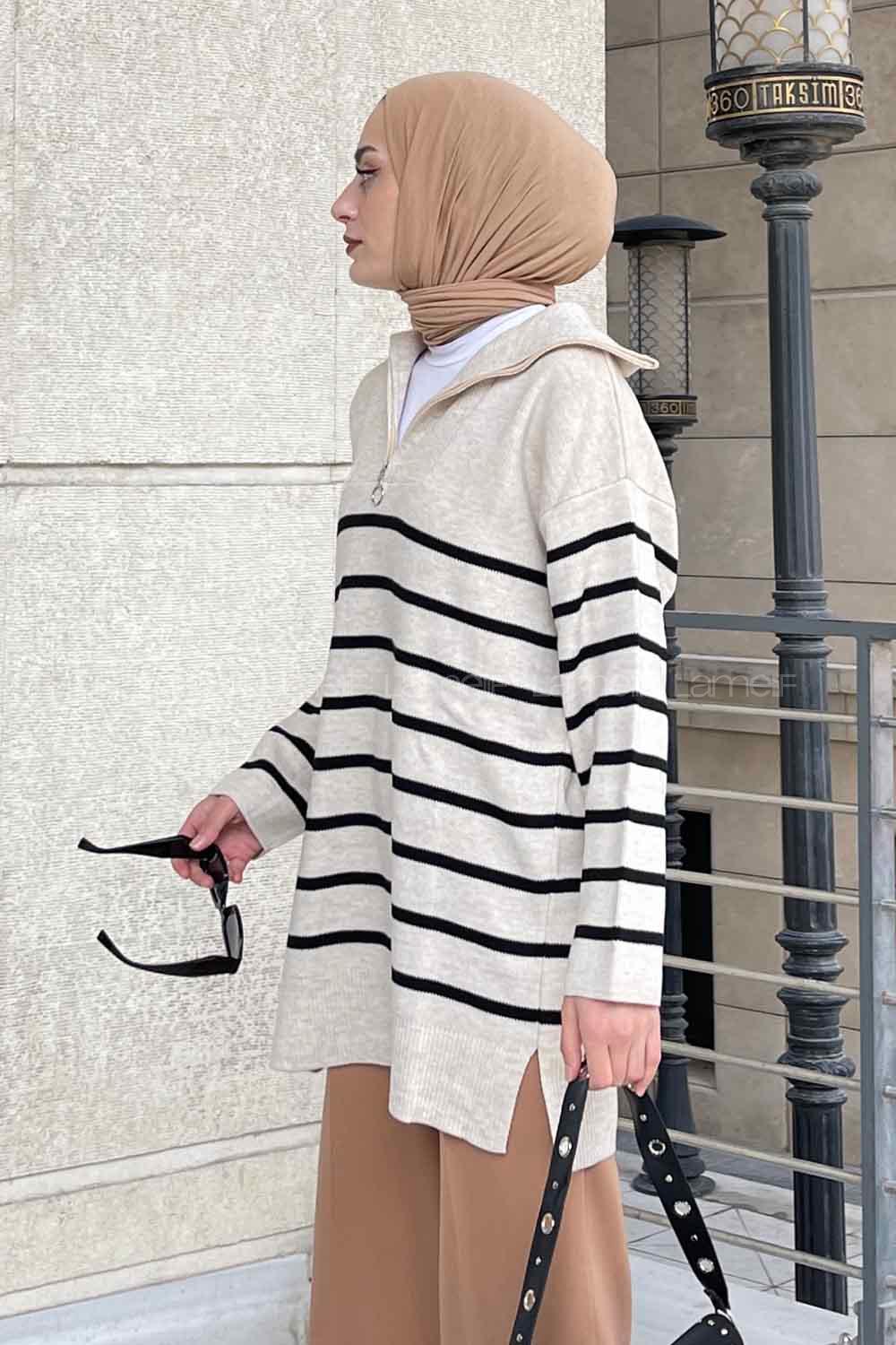 Lamelif Fermuarlı Çizgili  Uzun Kazak Bej -Siyah