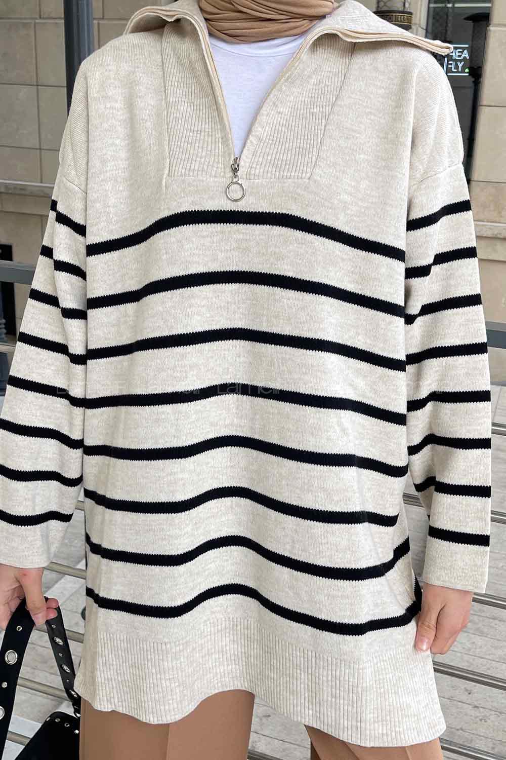 Lamelif Fermuarlı Çizgili  Uzun Kazak Bej -Siyah