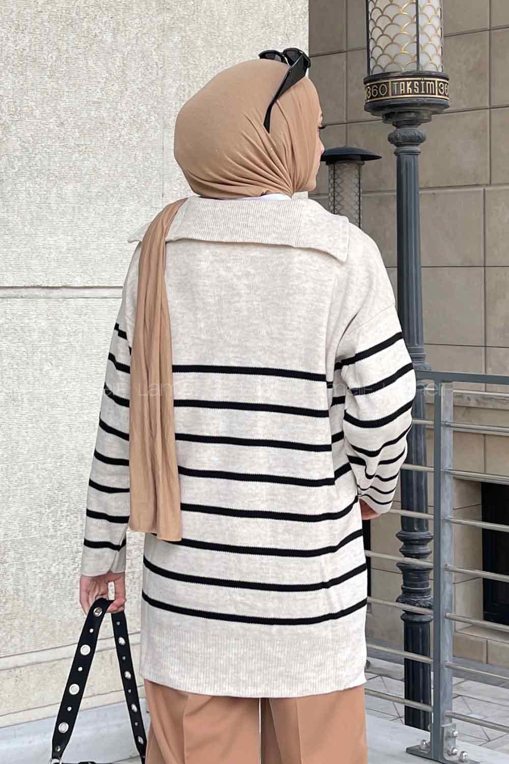 Lamelif Fermuarlı Çizgili  Uzun Kazak Bej -Siyah