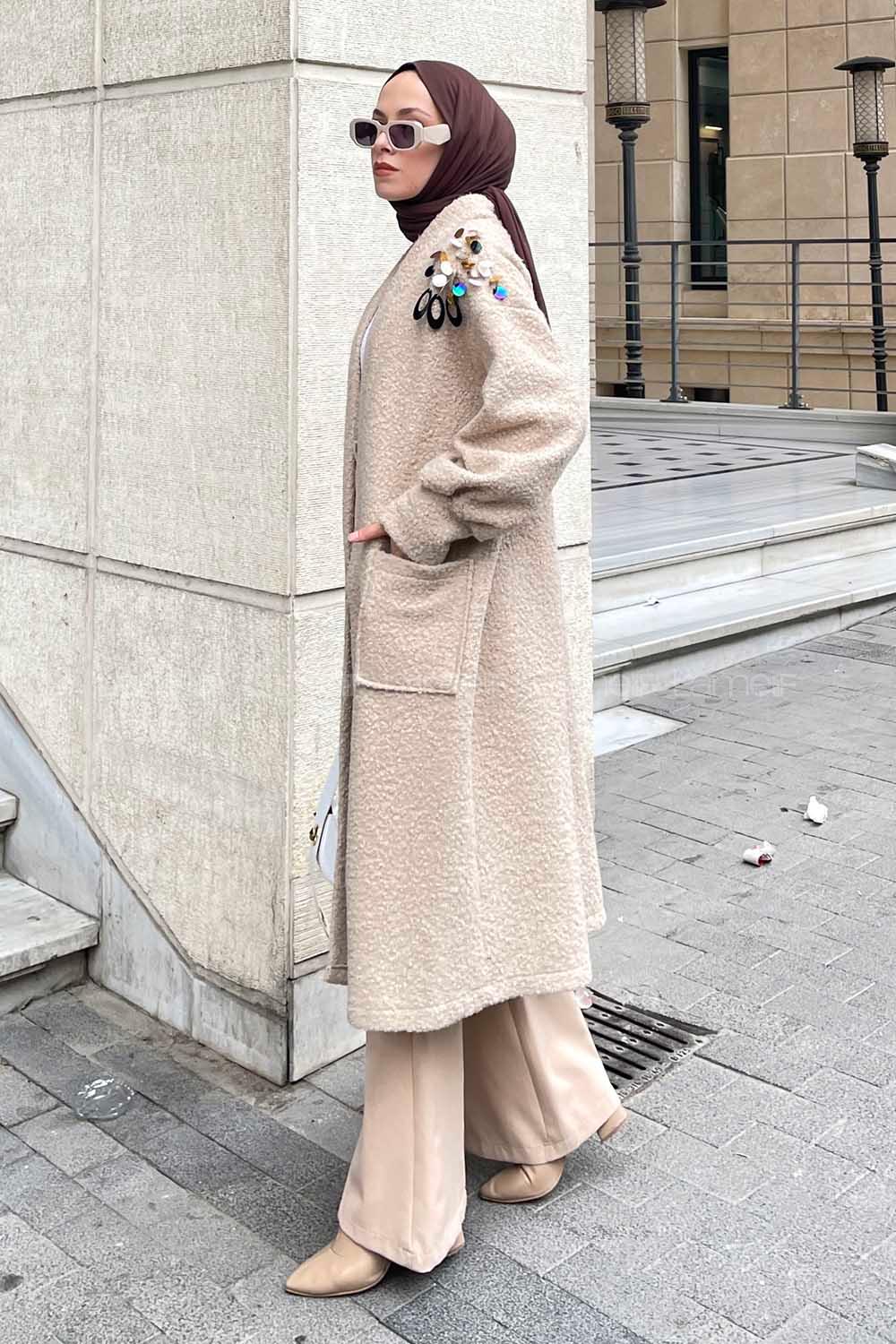 Stone Scarf Neck Balloon Sleeve Arm Stamp Fabric Coat