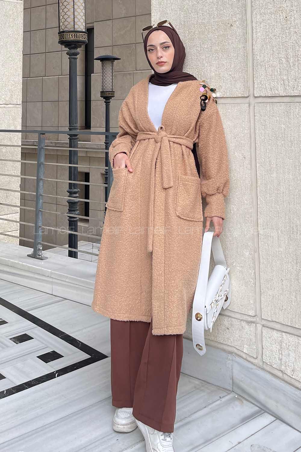 Mink Scarf Neck Balloon Sleeve Arm Stamp Fabric Coat
