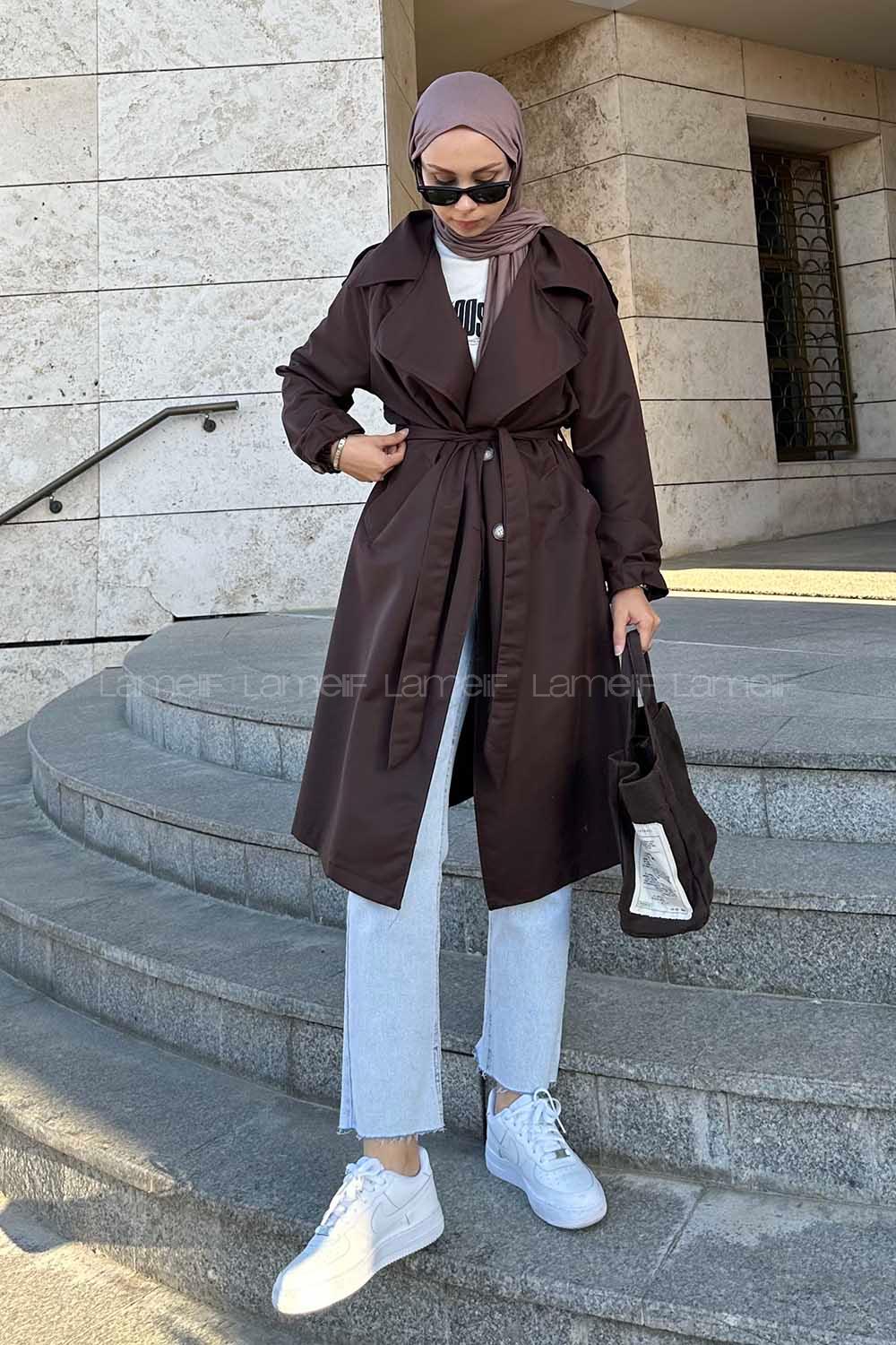 Lamelif Flotalı Apoletli Trençkot Kahverengi