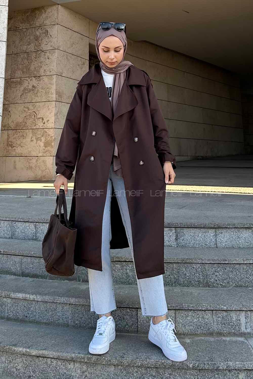 Lamelif Flotalı Apoletli Trençkot Kahverengi