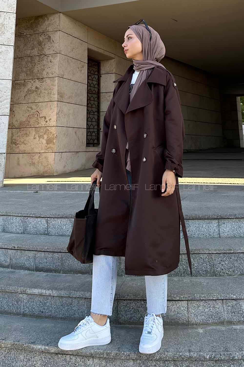 Lamelif Flotalı Apoletli Trençkot Kahverengi