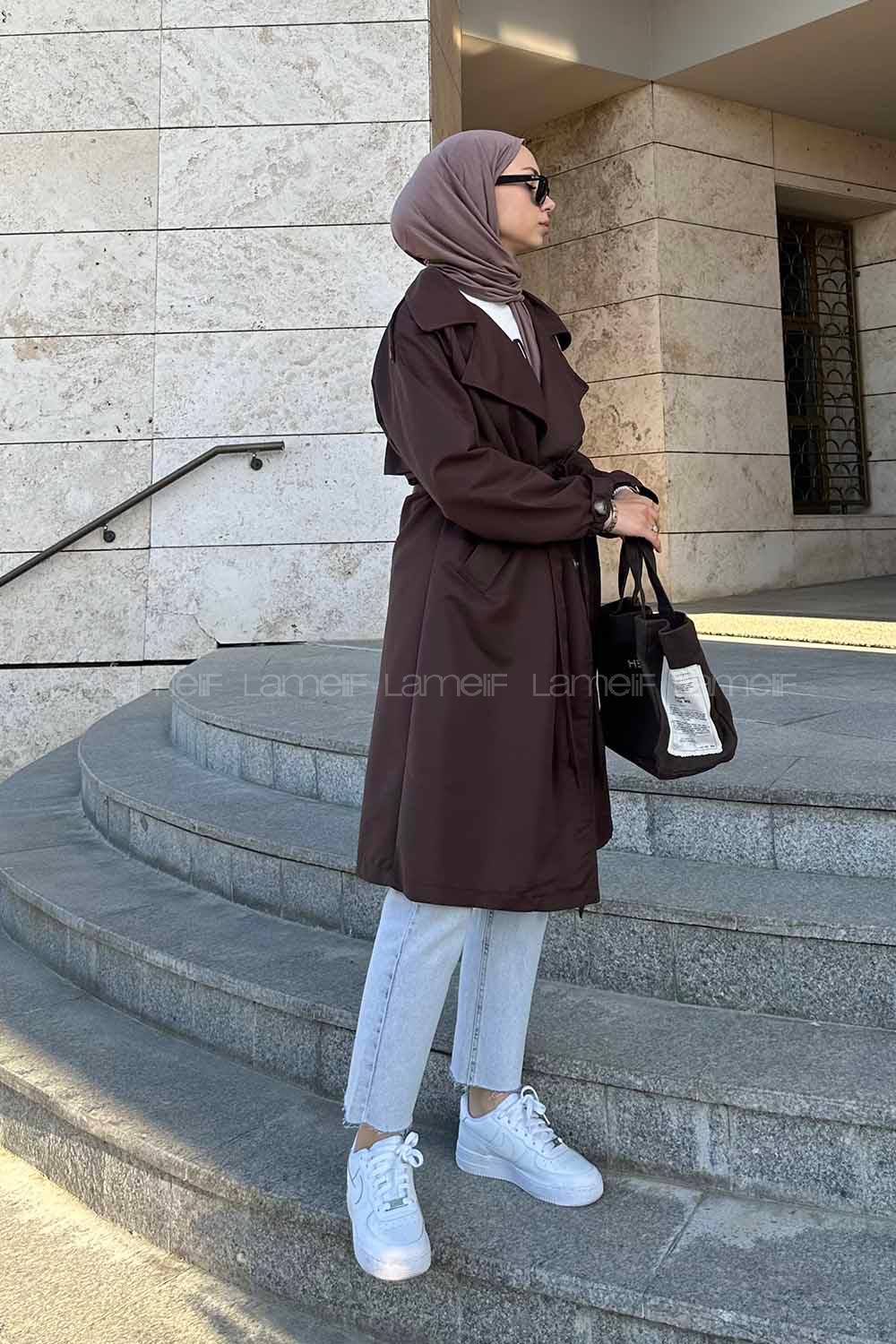 Lamelif Flotalı Apoletli Trençkot Kahverengi