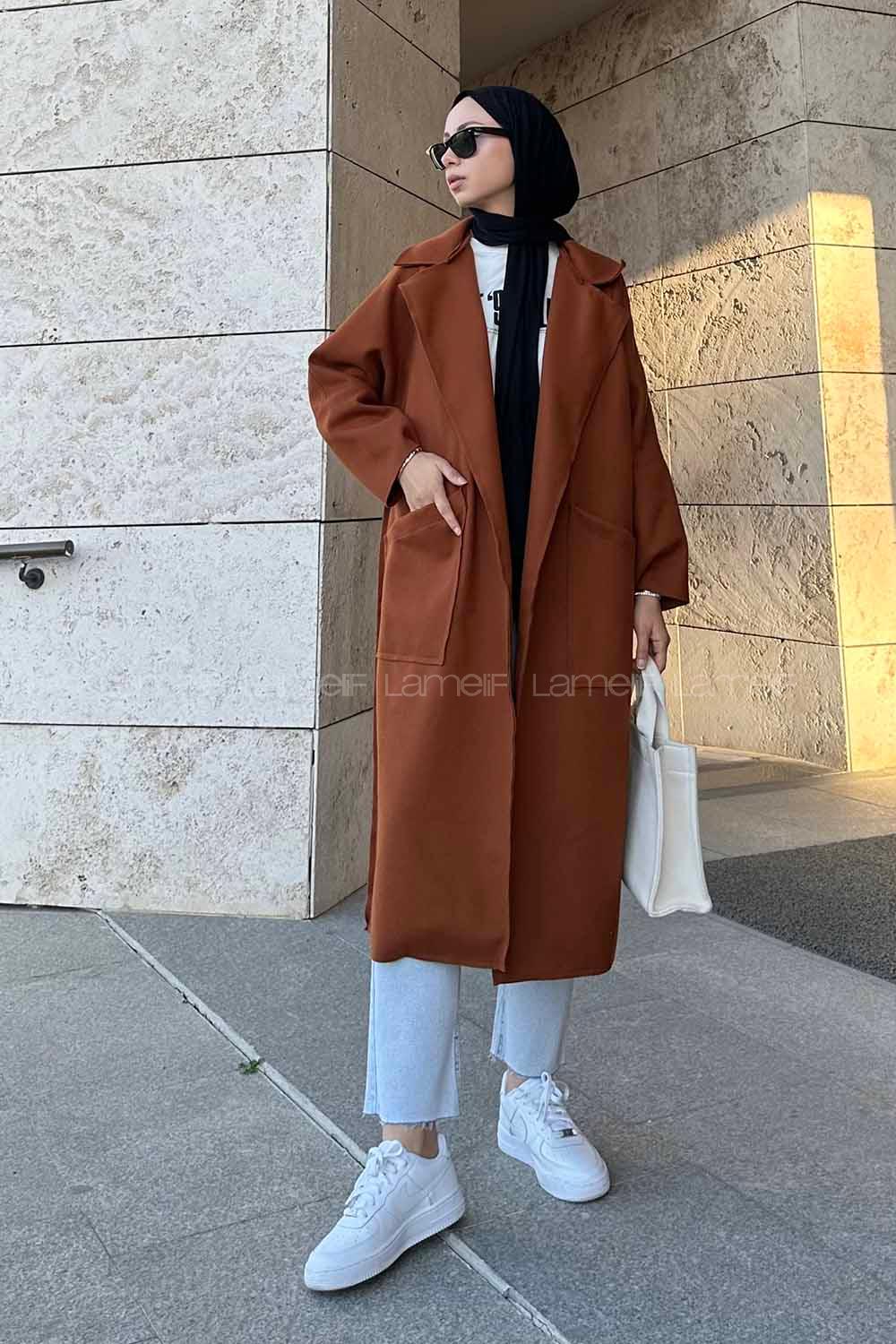 Bitter Brown Lower V Neck Long Arm Stamp Fabric Coat
