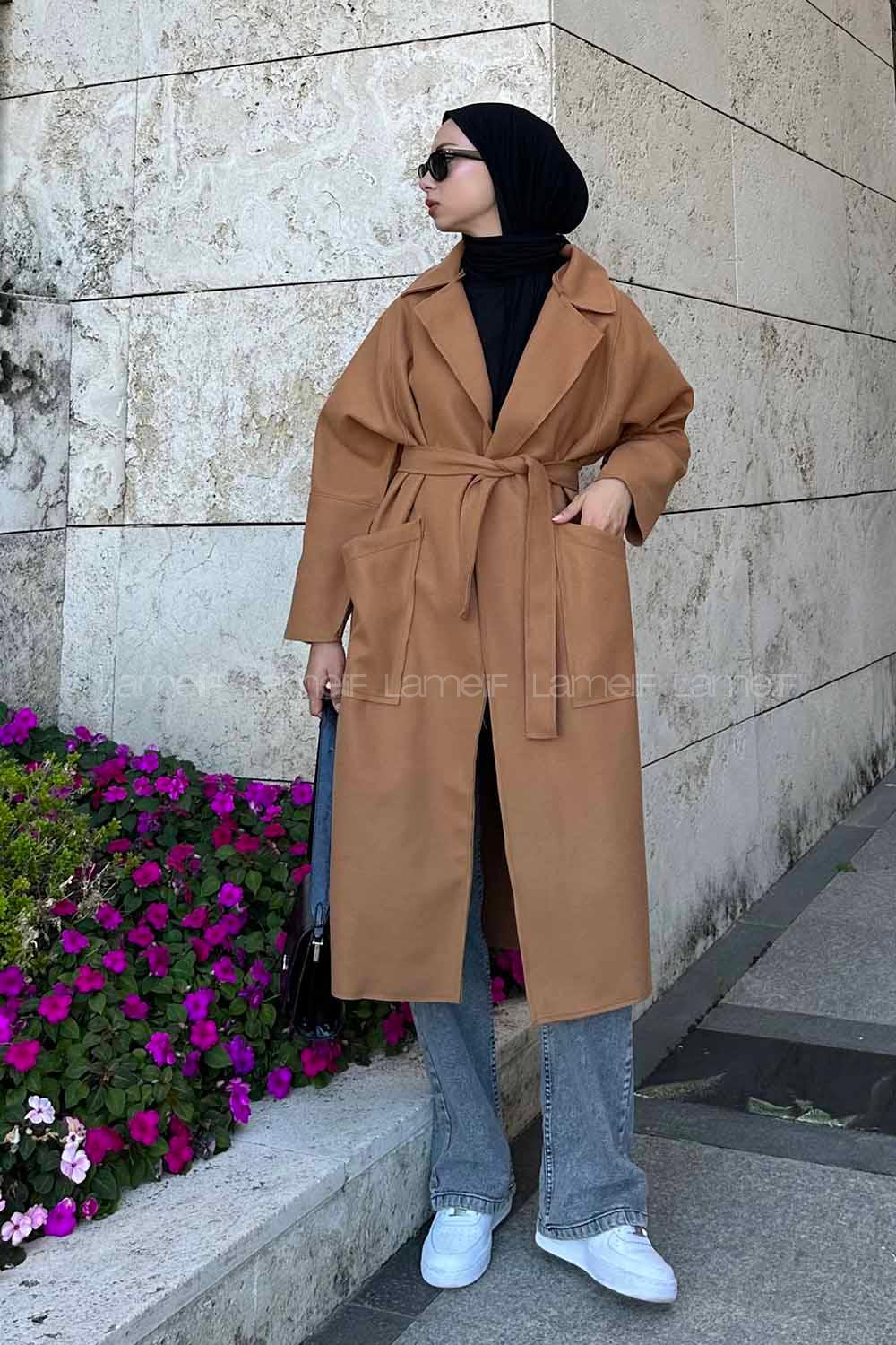 Brown With Milk Lower V Neck Long Arm Stamp Fabric Coat