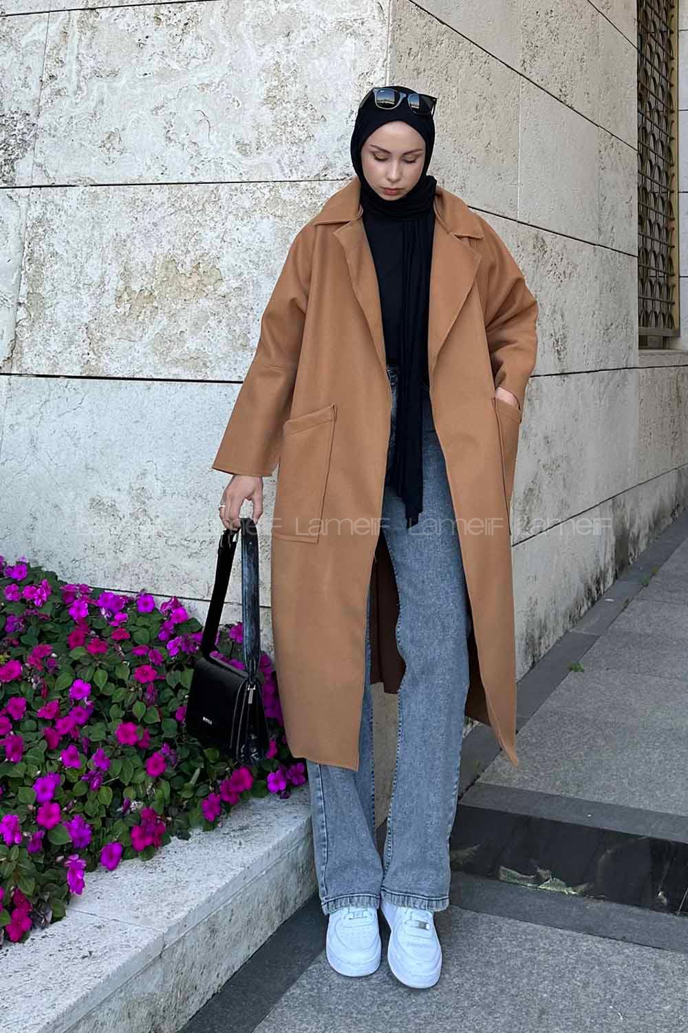 Brown With Milk Lower V Neck Long Arm Stamp Fabric Coat