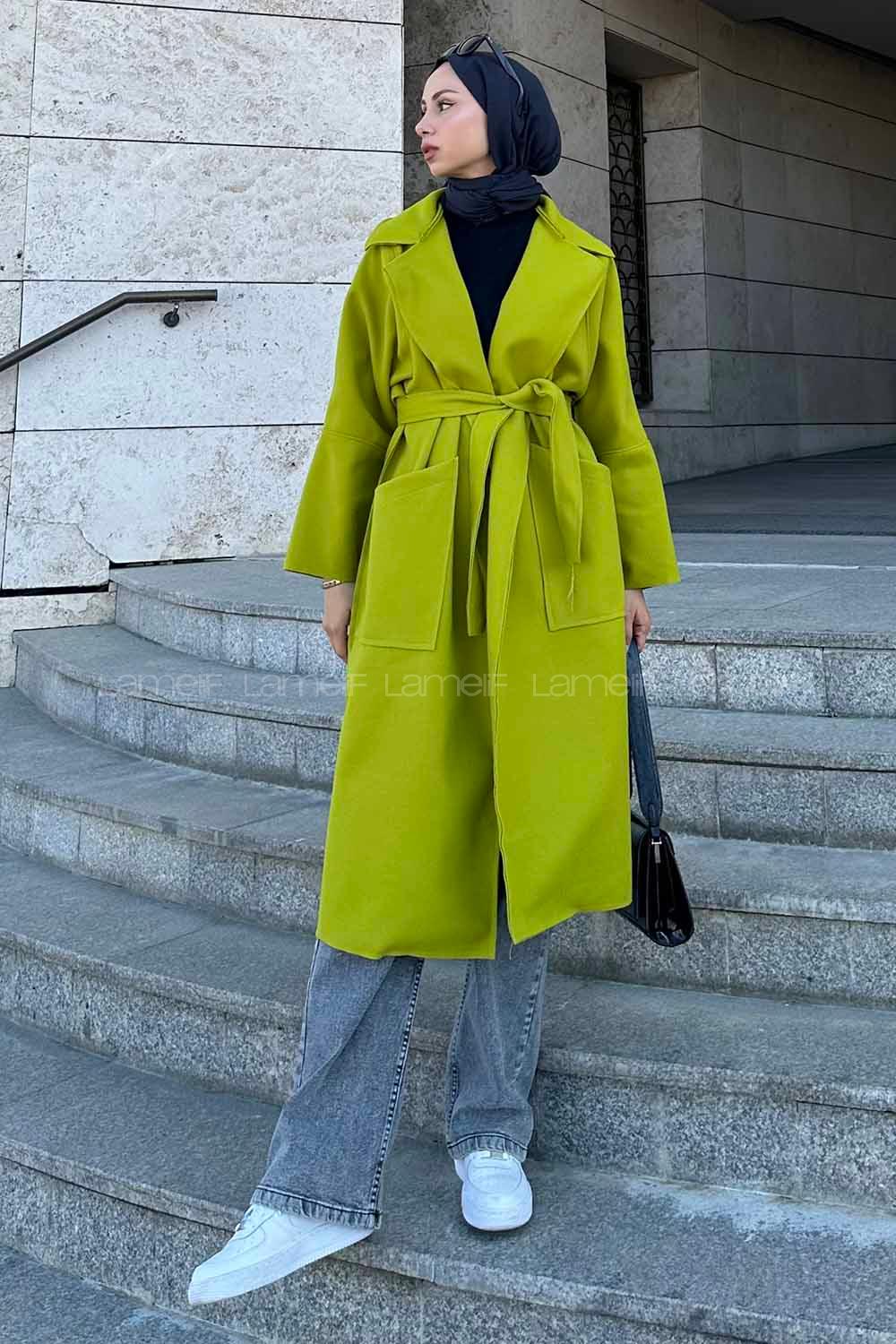 Oil Green Lower V Neck Long Arm Stamp Fabric Coat