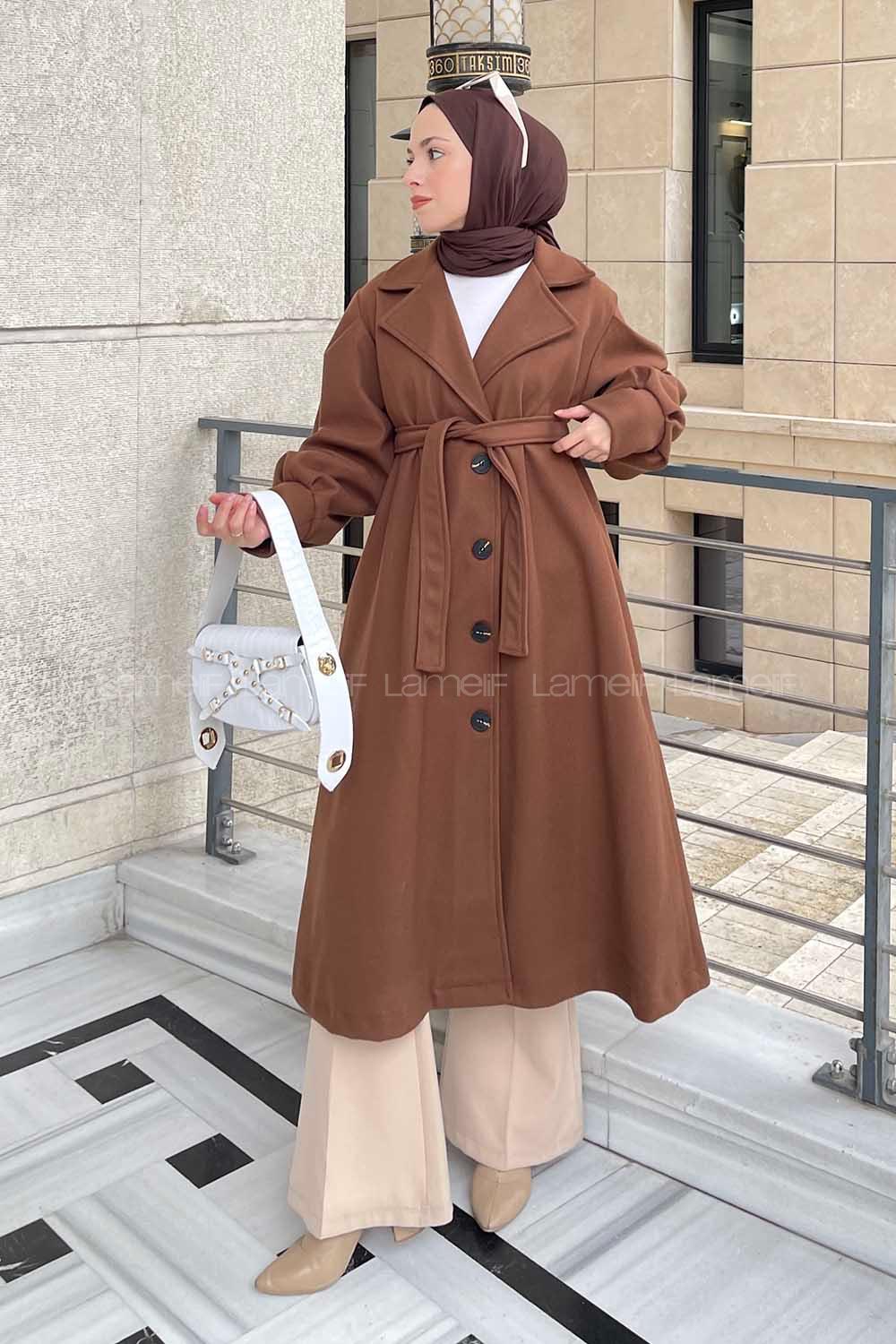 Brown Scope Neck Balloon Sleeve Arm Stamp Fabric Coat