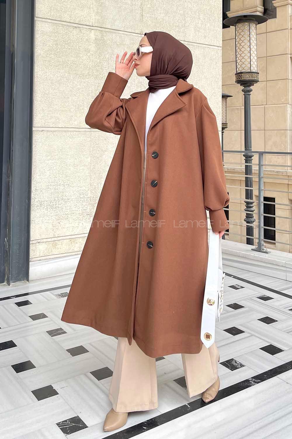 Brown Scope Neck Balloon Sleeve Arm Stamp Fabric Coat