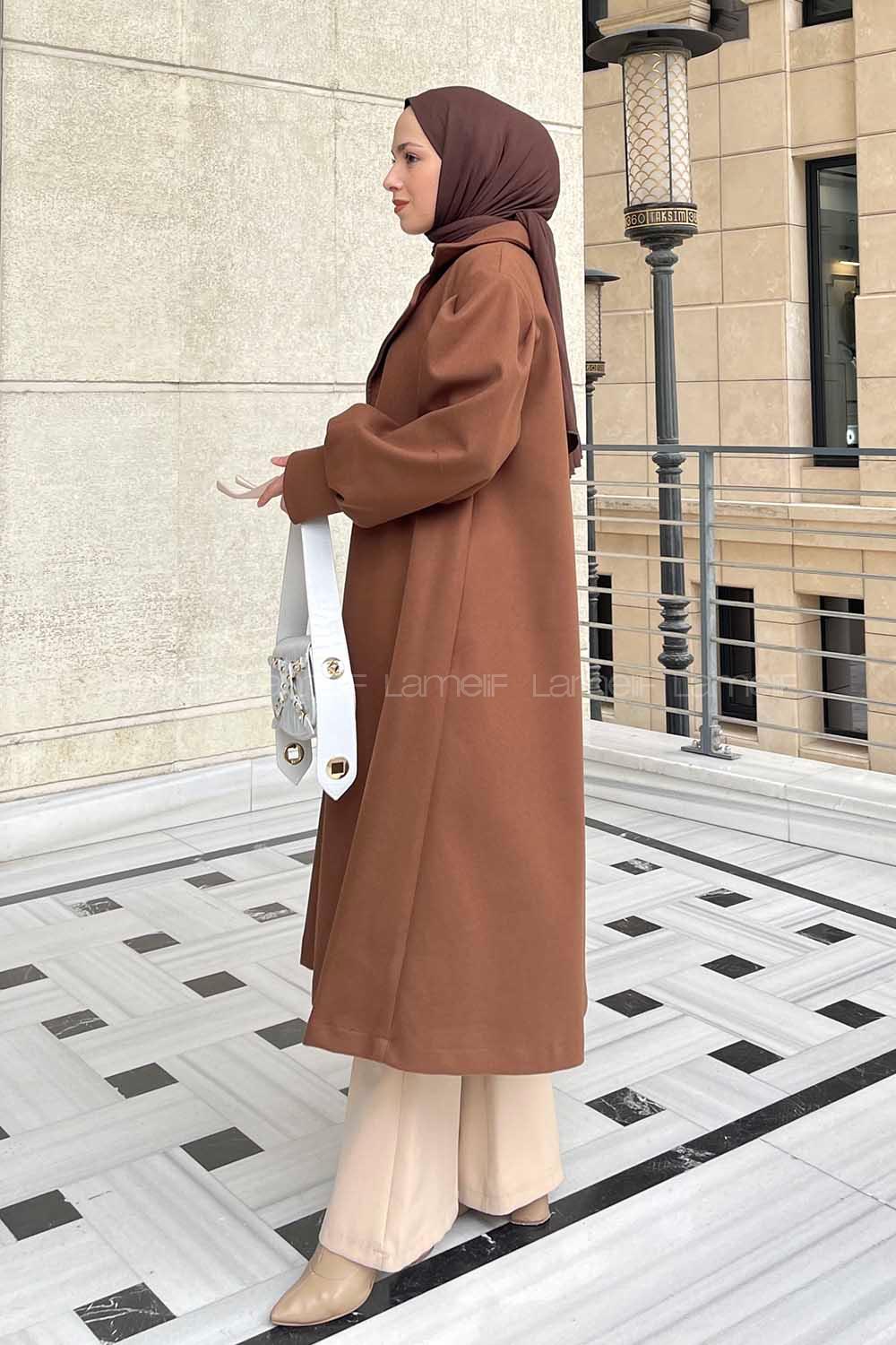 Brown Scope Neck Balloon Sleeve Arm Stamp Fabric Coat