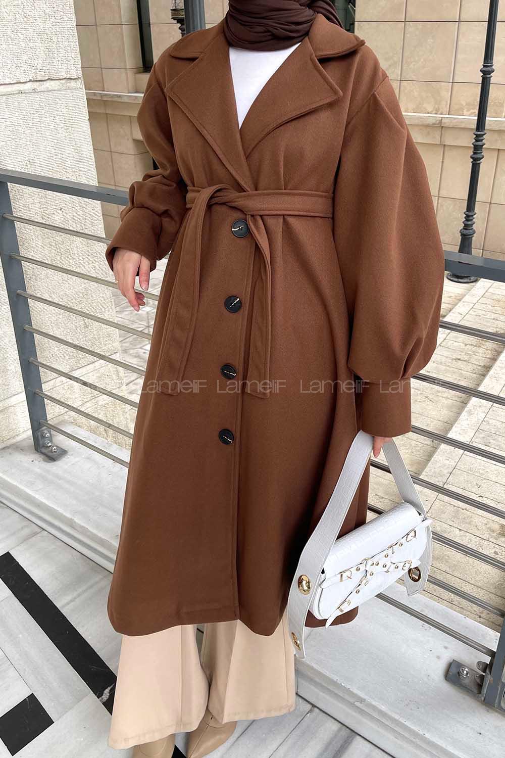 Brown Scope Neck Balloon Sleeve Arm Stamp Fabric Coat