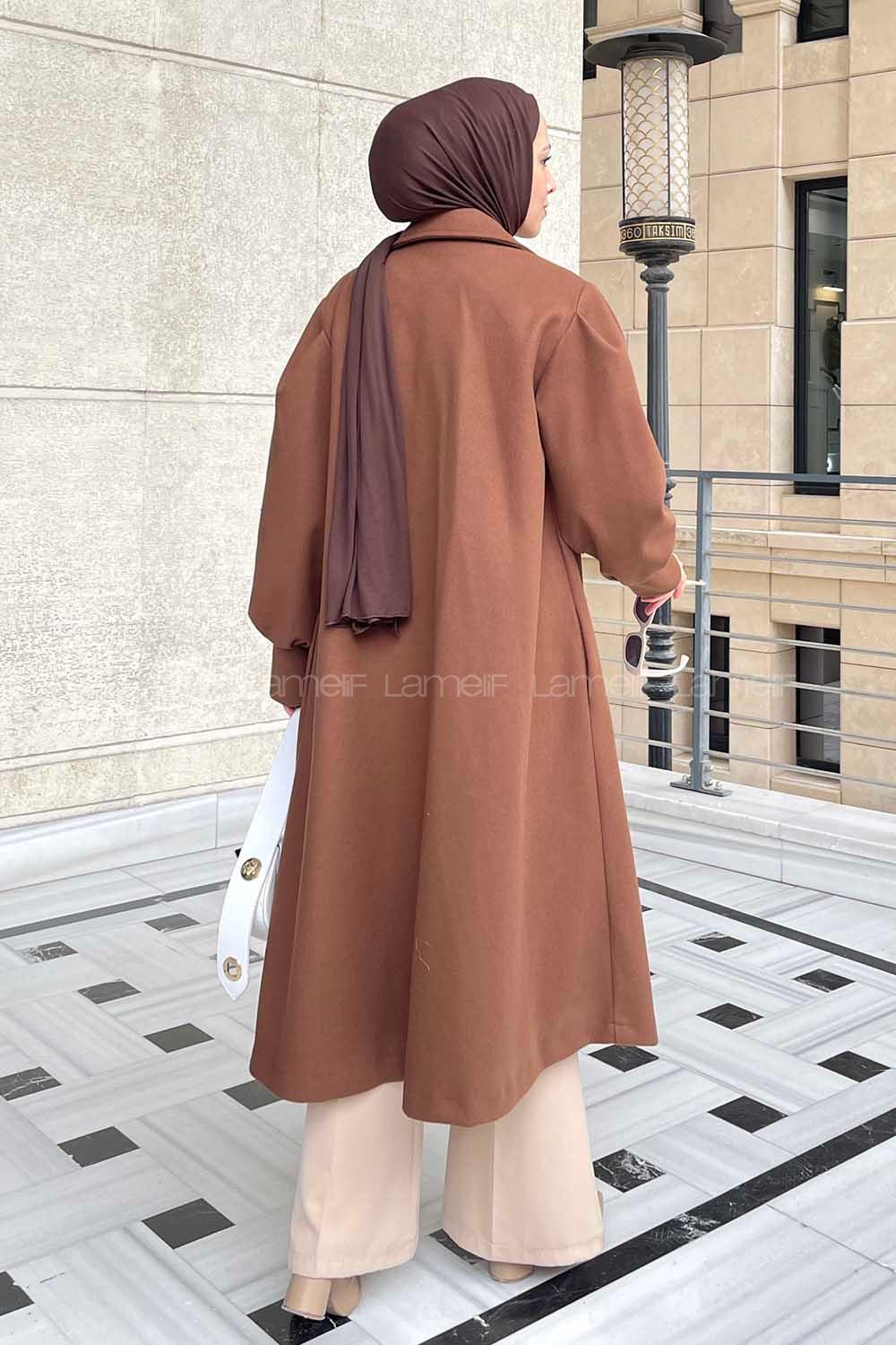 Brown Scope Neck Balloon Sleeve Arm Stamp Fabric Coat