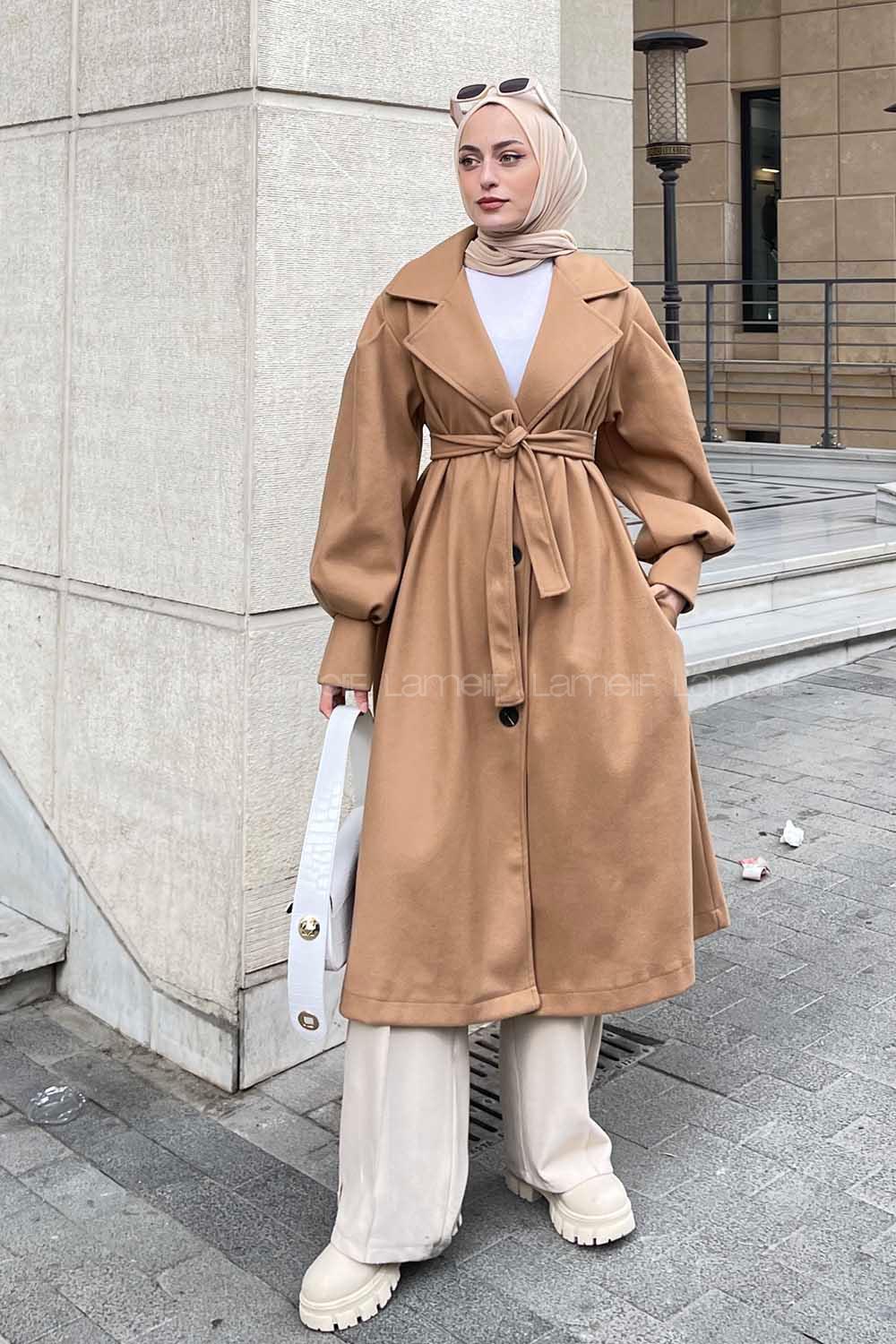 Lamelif Royalty Balon Kol Düz Kaşe Kaban Vizonrengi