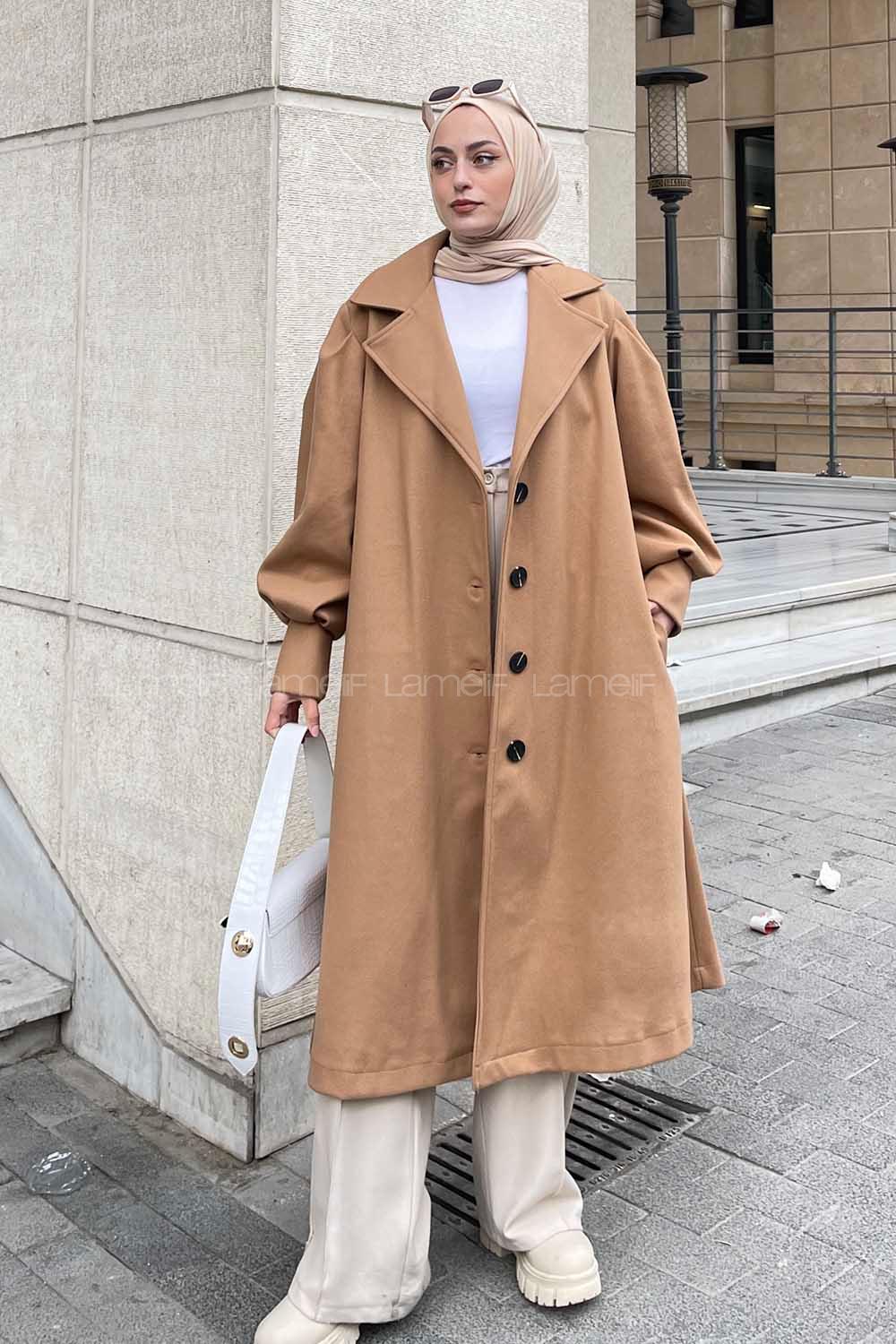 Lamelif Royalty Balon Kol Düz Kaşe Kaban Vizonrengi