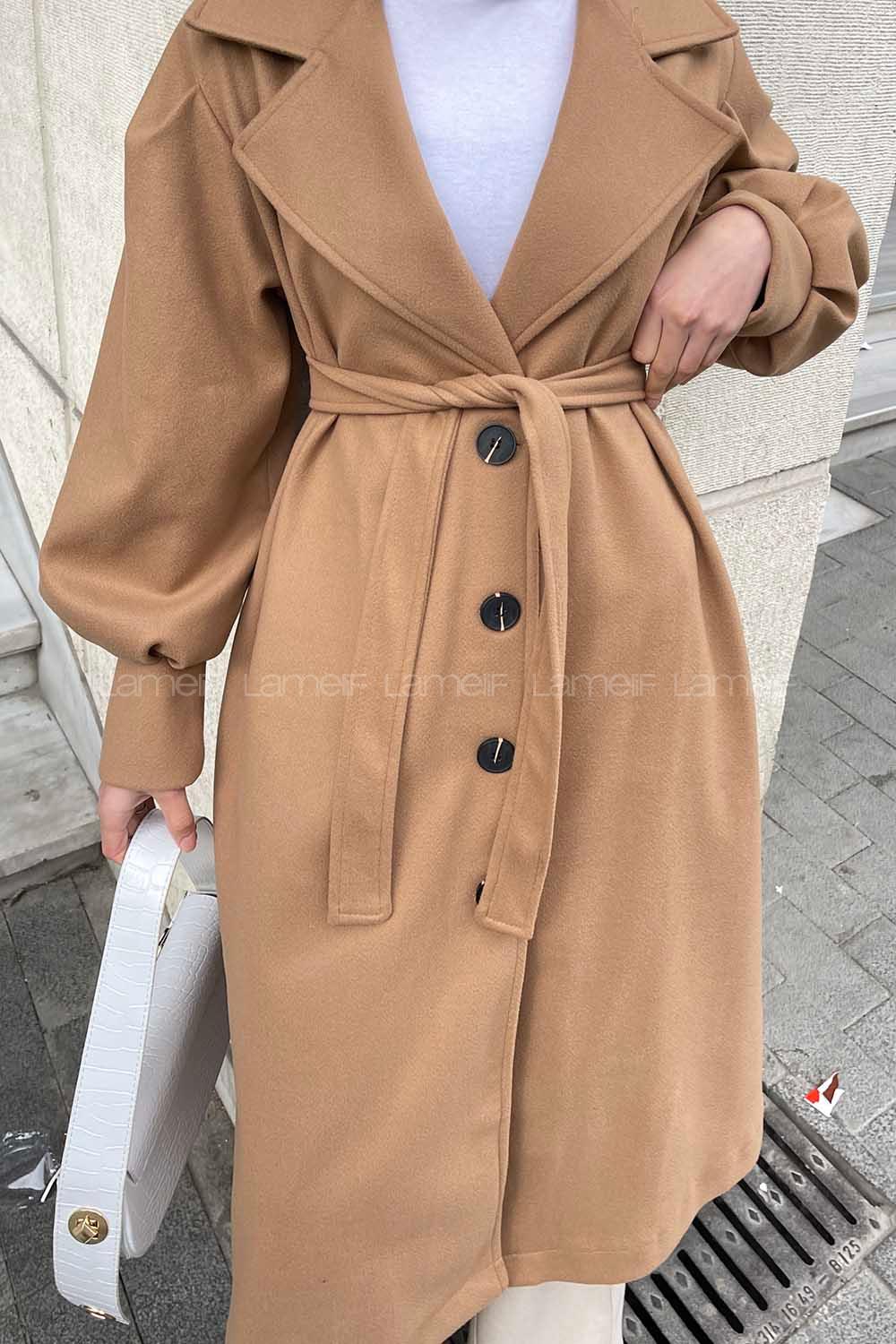 Lamelif Royalty Balon Kol Düz Kaşe Kaban Vizonrengi