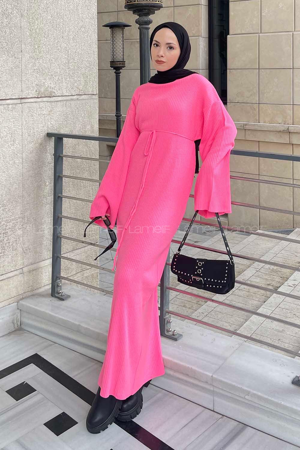 Candy Pink Normal Neck Wool Acrylic Unprinted Dresess