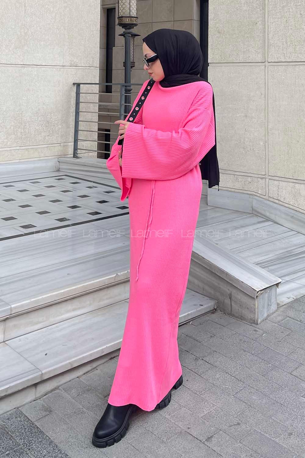 Candy Pink Normal Neck Wool Acrylic Unprinted Dresess